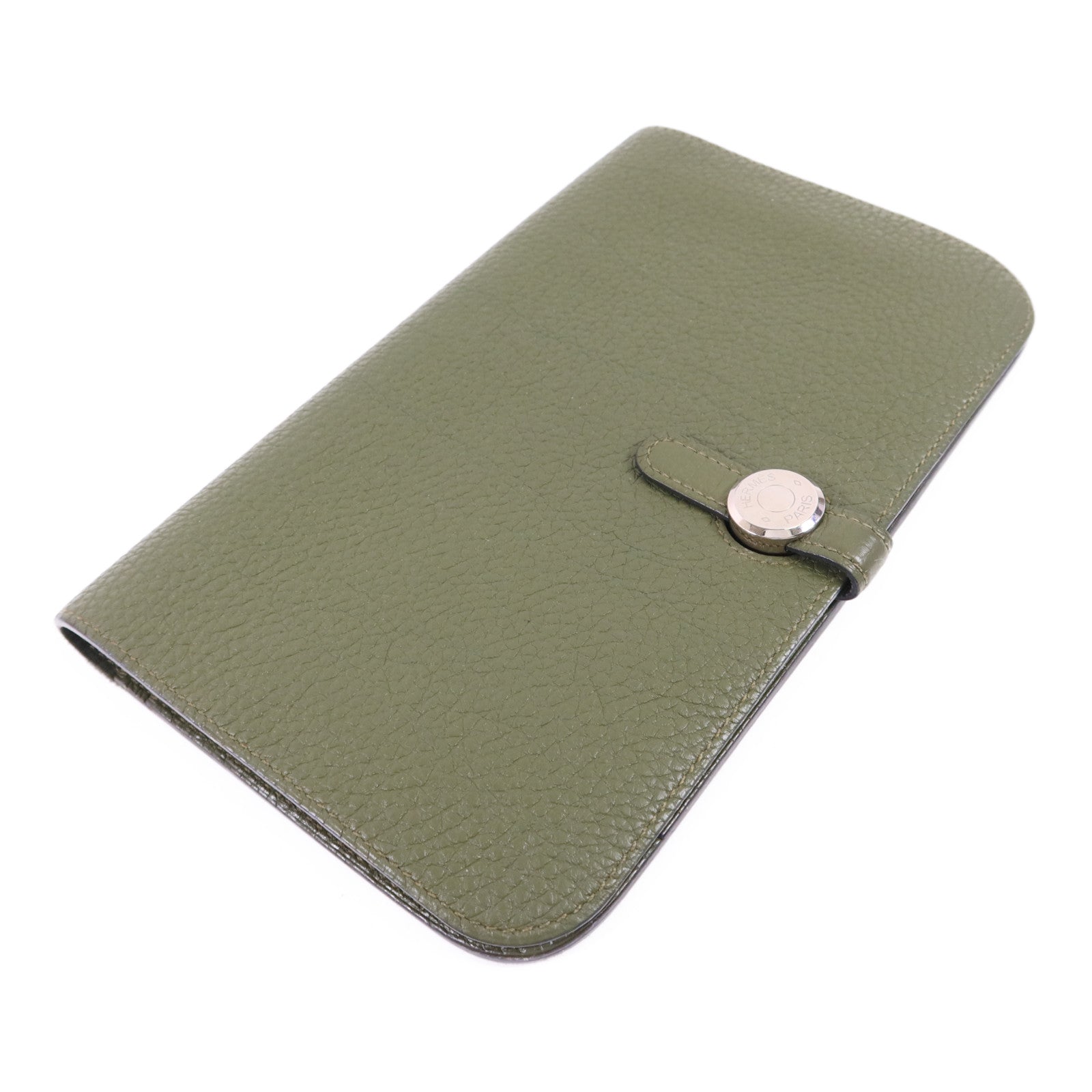 HERMES Togo皮革Dogon GM銀扣長錢包Vert Olive