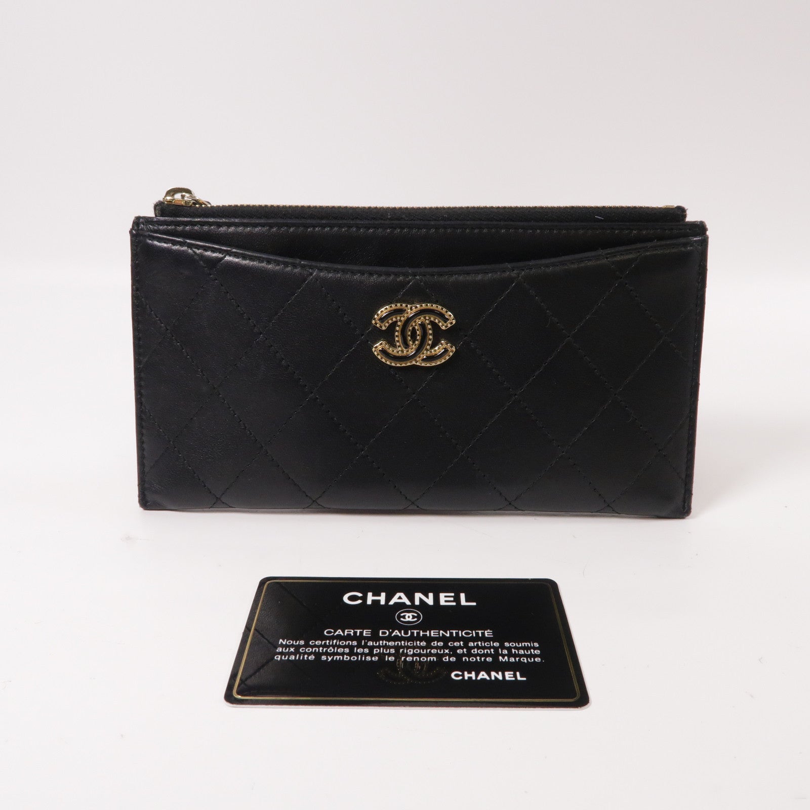 CHANEL 菱格皮革Pouch Wallet金扣長錢包黑色