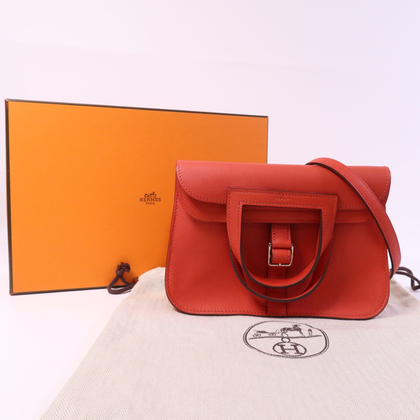 HERMES Swift皮革Halzan Mini銀扣肩背袋Rouge Tomate