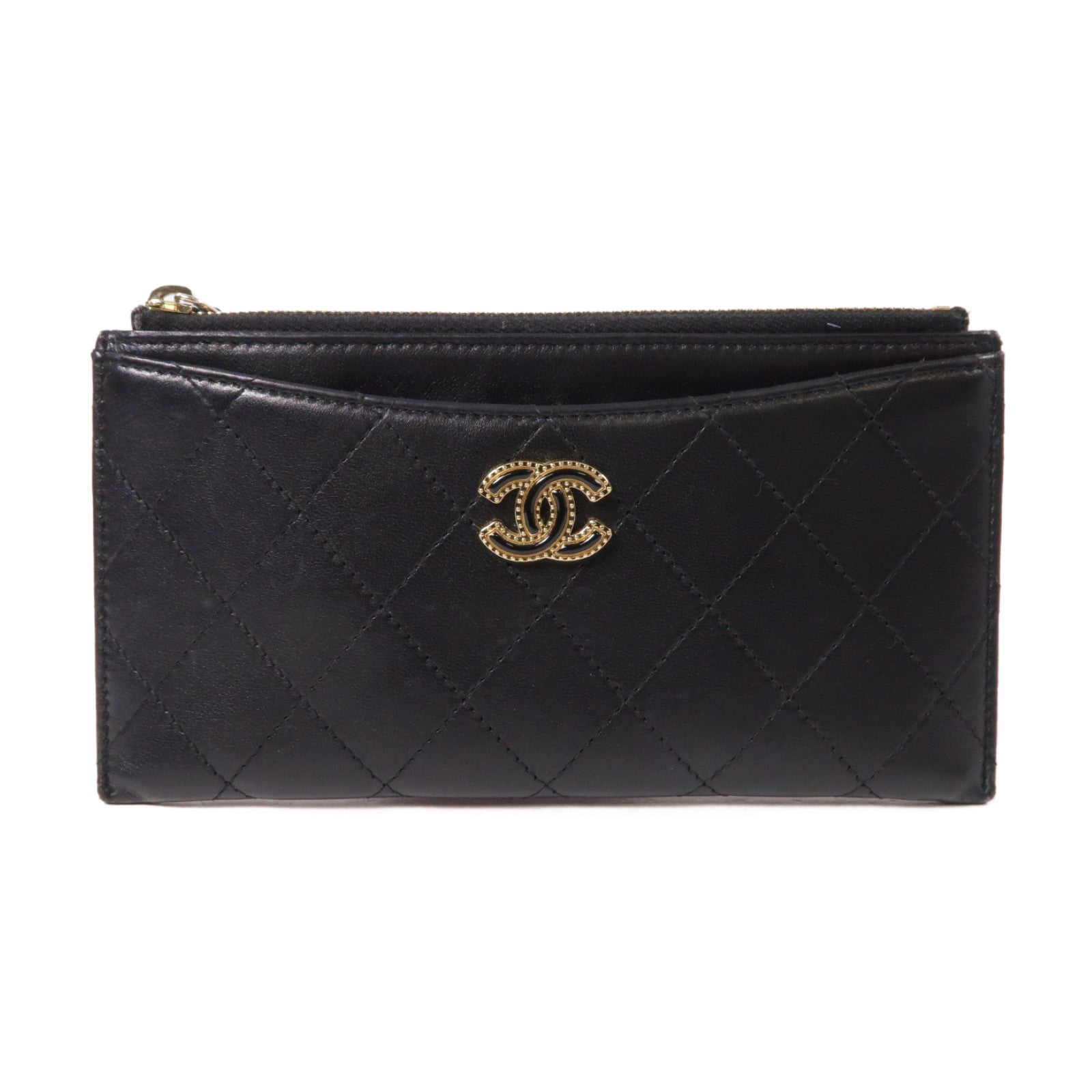 CHANEL 菱格皮革Pouch Wallet金扣長錢包黑色