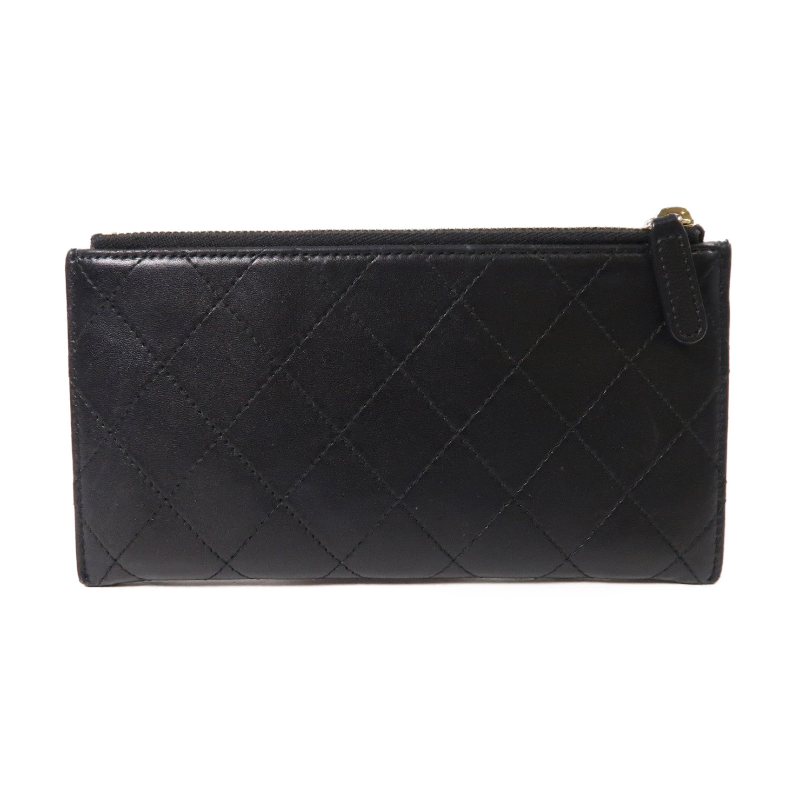 CHANEL 菱格皮革Pouch Wallet金扣長錢包黑色