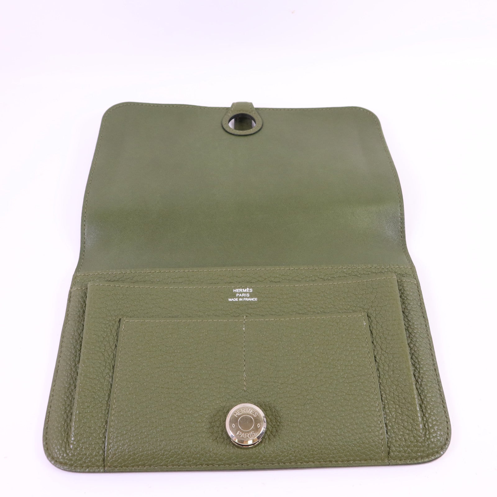 HERMES Togo皮革Dogon GM銀扣長錢包Vert Olive
