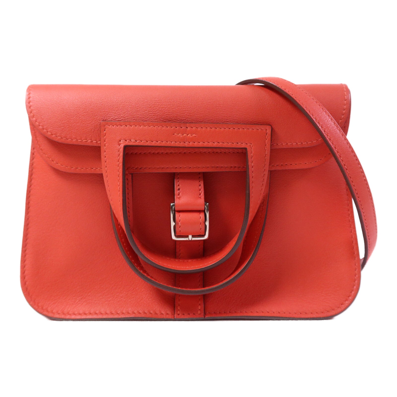 HERMES Swift皮革Halzan Mini銀扣肩背袋Rouge Tomate