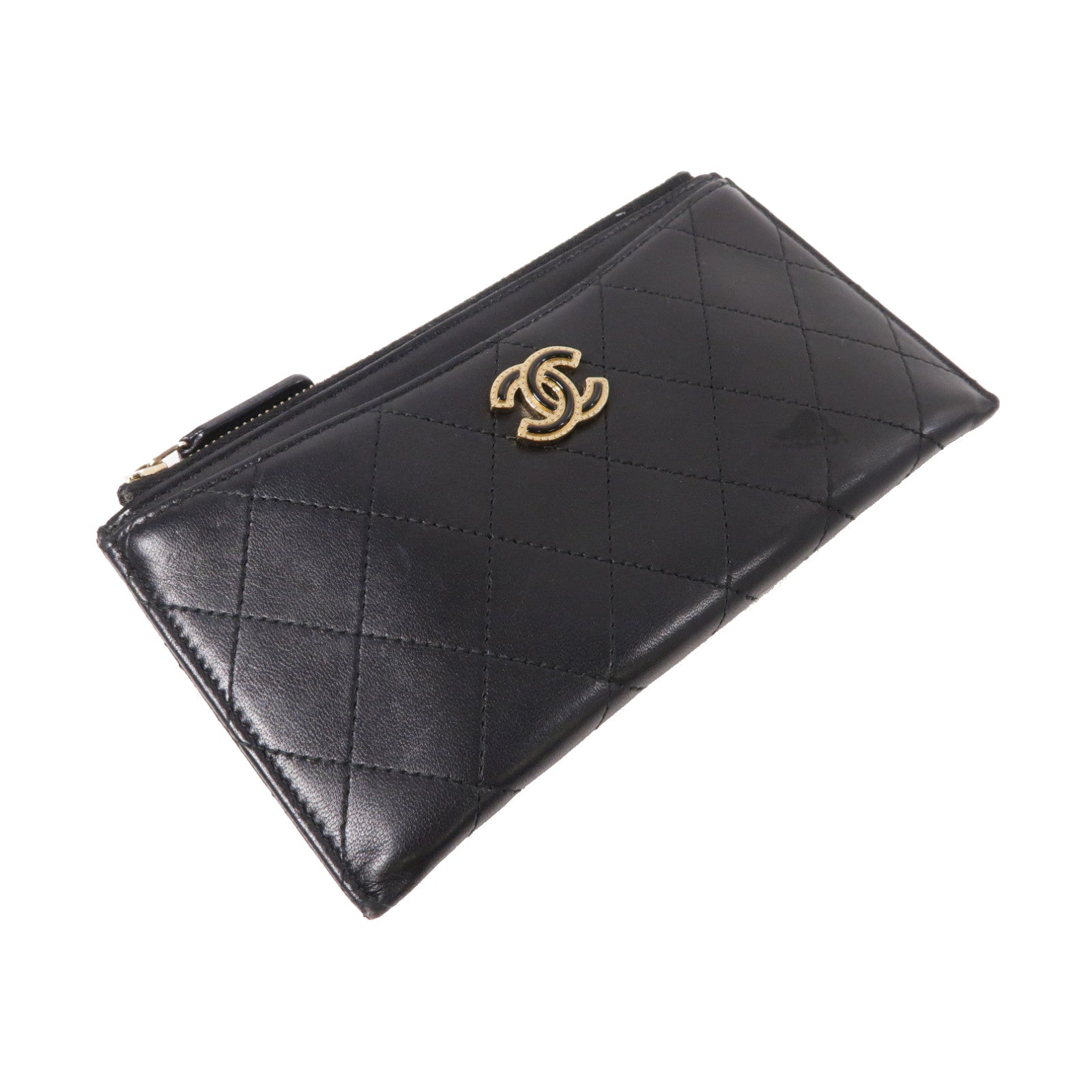 CHANEL 菱格皮革Pouch Wallet金扣長錢包黑色