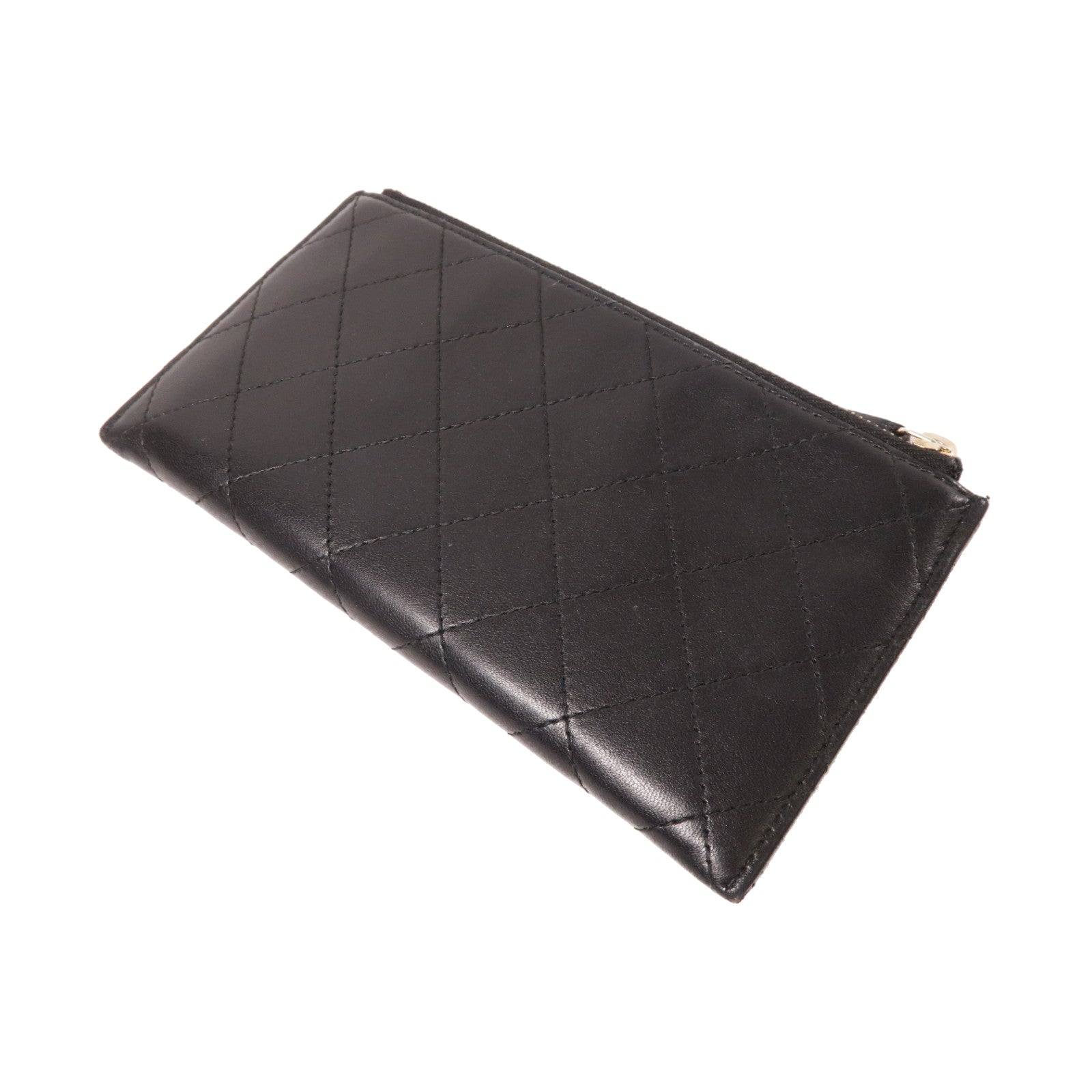CHANEL 菱格皮革Pouch Wallet金扣長錢包黑色