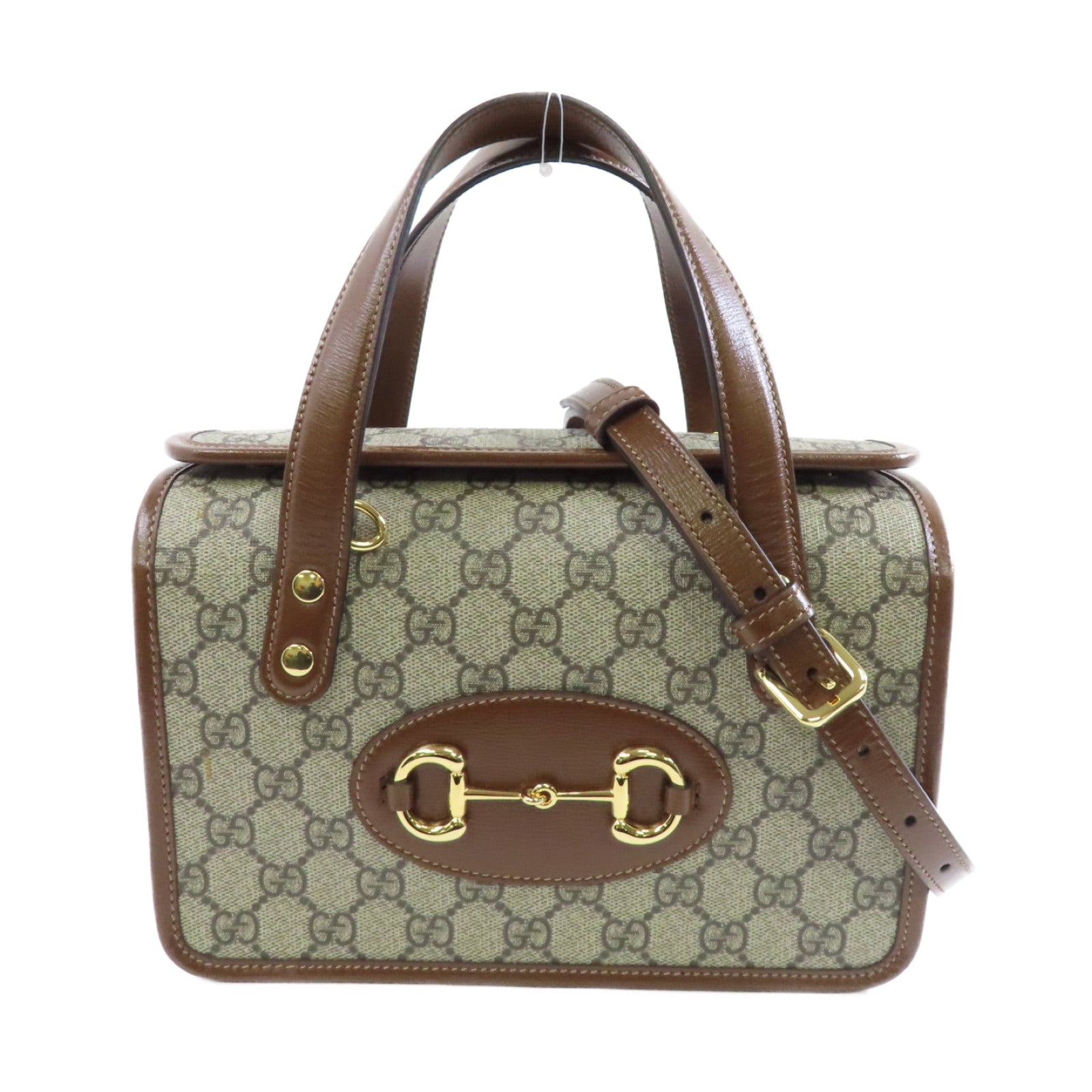 GUCCI 塗層帆布Horsebit 1955金扣手挽肩背兩用袋棕色