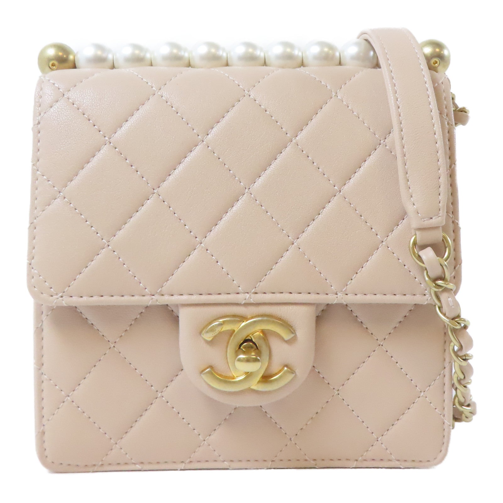 CHANEL 【激減優惠】菱格牛皮皮革Chic Pearls Flap金扣鏈帶肩背袋粉紅色