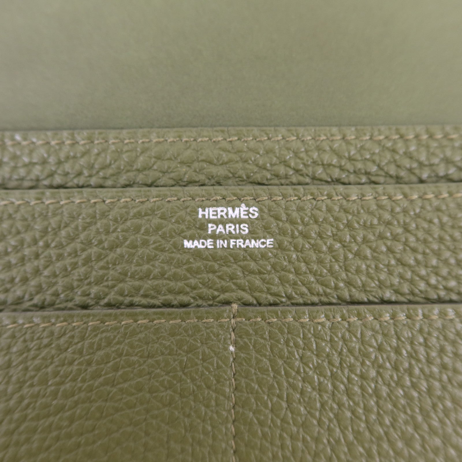 HERMES Togo皮革Dogon GM銀扣長錢包Vert Olive