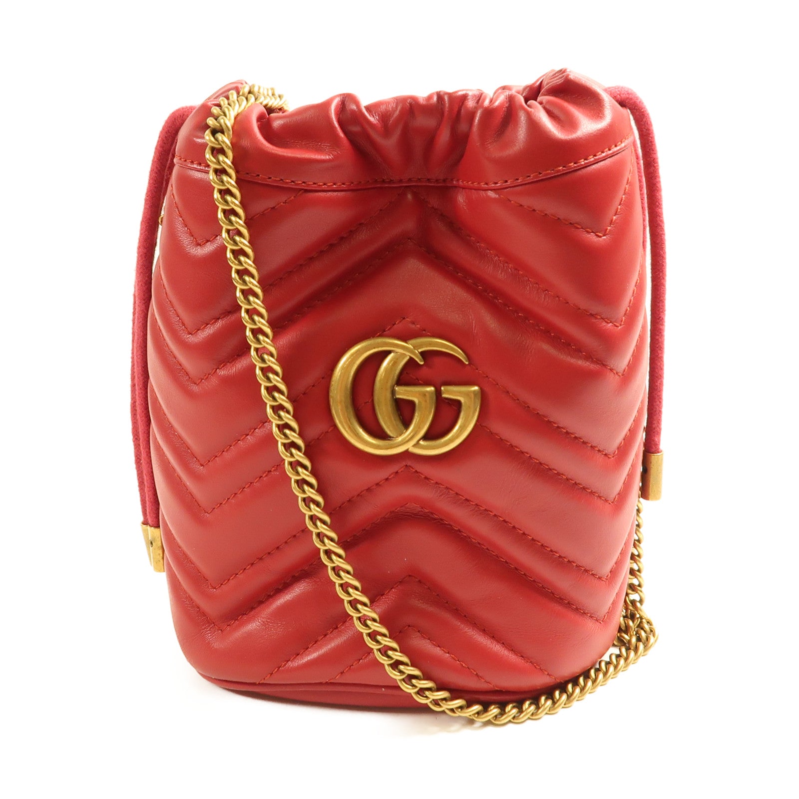 GUCCI GG GHW GG Marmont Bucket Chain Shoulder Bag 575163 Calfskin Leather Red