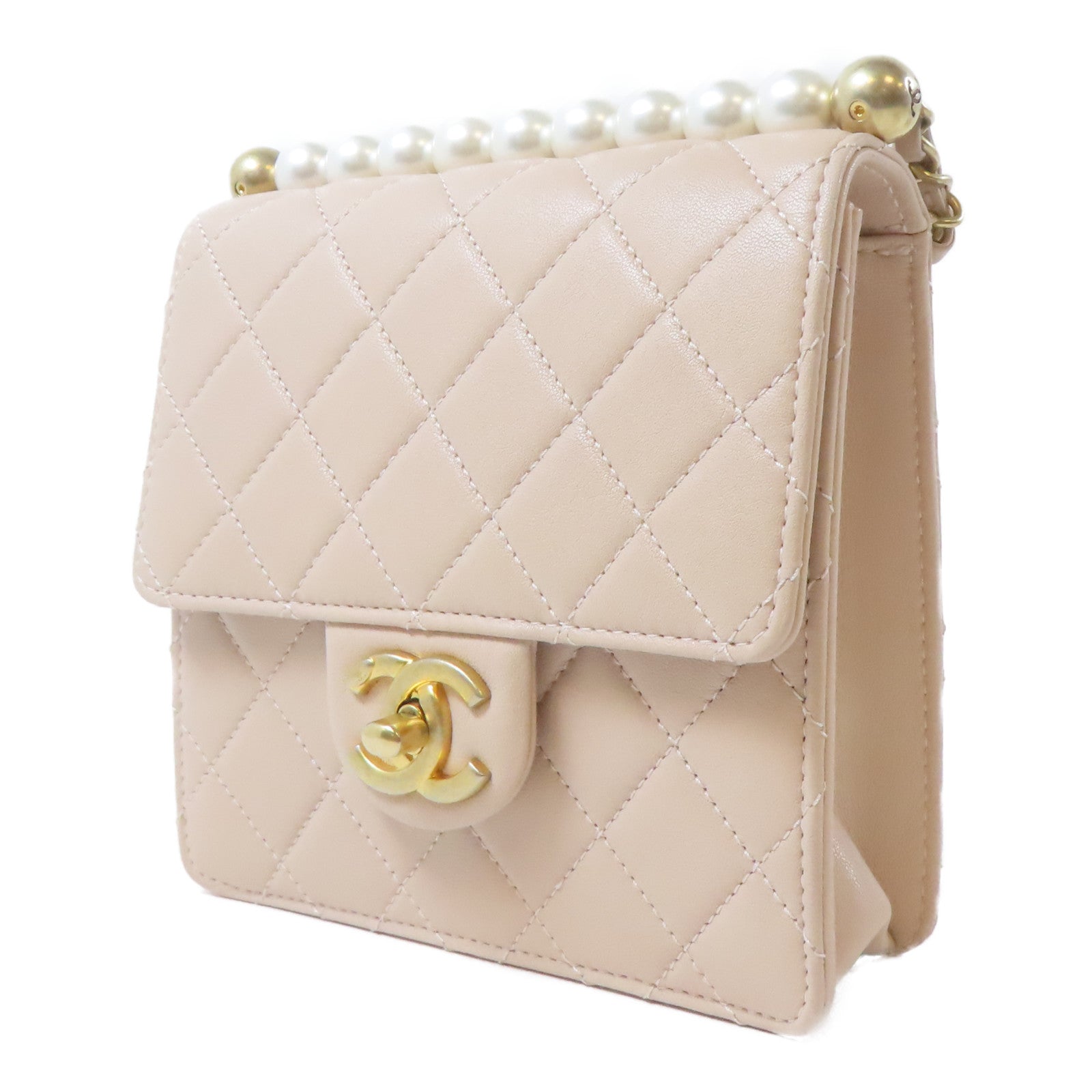 CHANEL 【激減優惠】菱格牛皮皮革Chic Pearls Flap金扣鏈帶肩背袋粉紅色
