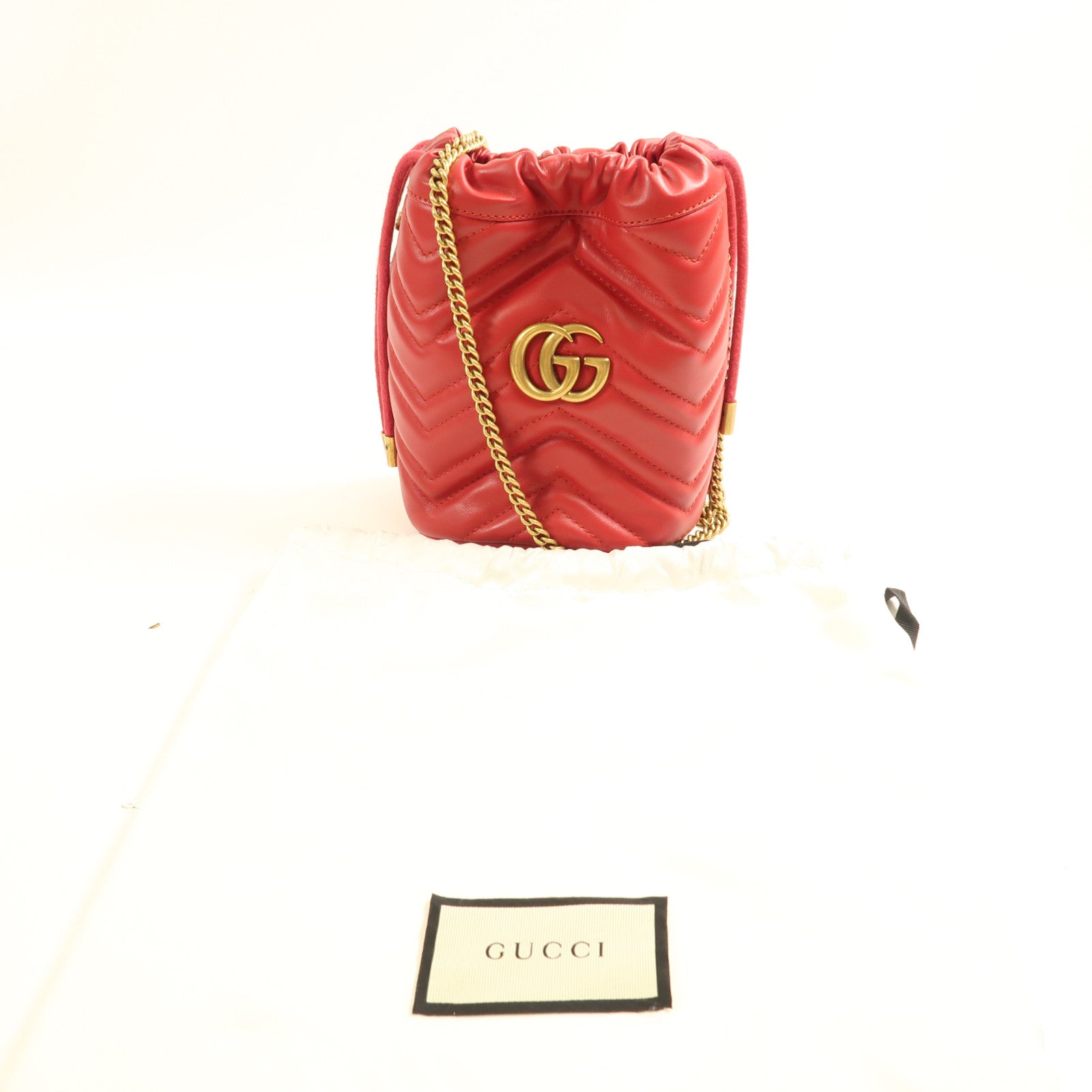 GUCCI GG GHW GG Marmont Bucket Chain Shoulder Bag 575163 Calfskin Leather Red