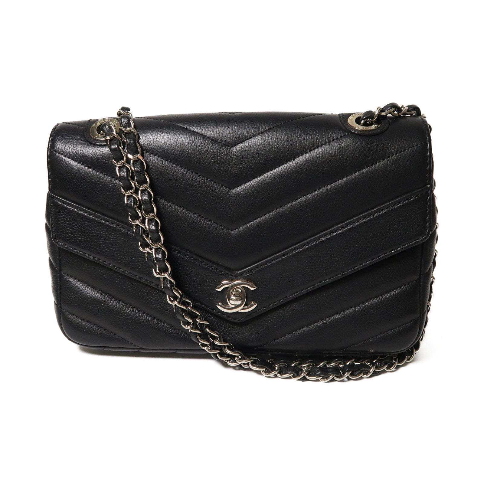 CHANEL 牛皮皮革Shoulder Bag銀扣鏈帶肩背袋黑色