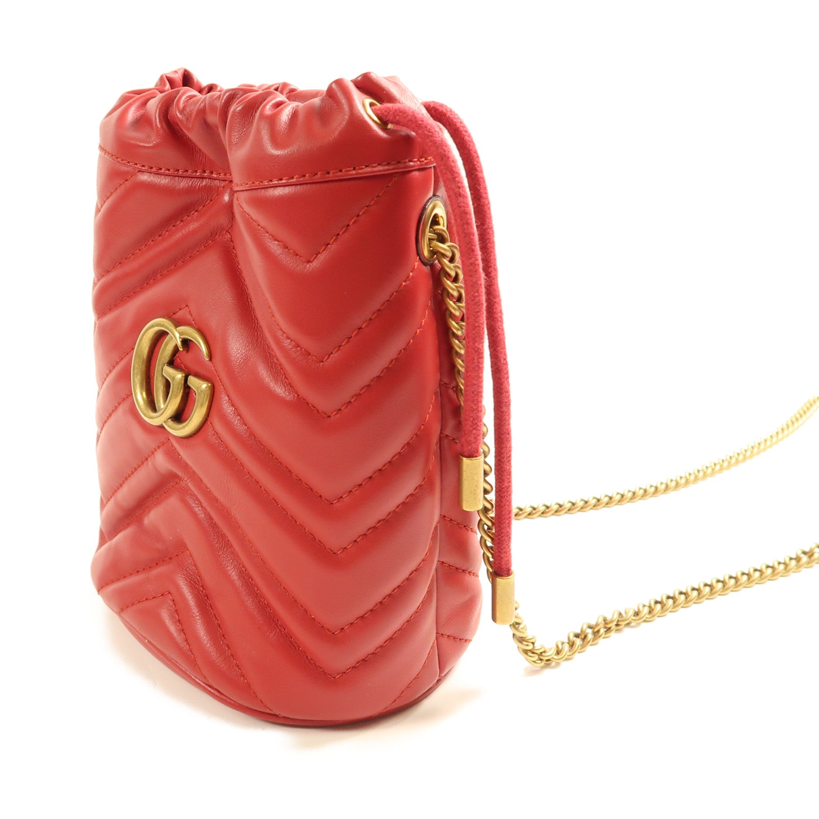 GUCCI GG GHW GG Marmont Bucket Chain Shoulder Bag 575163 Calfskin Leather Red