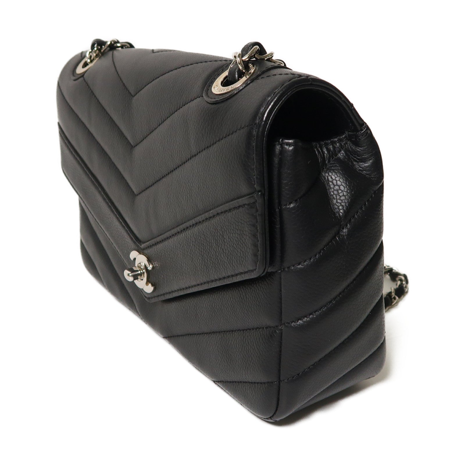 CHANEL 牛皮皮革Shoulder Bag銀扣鏈帶肩背袋黑色