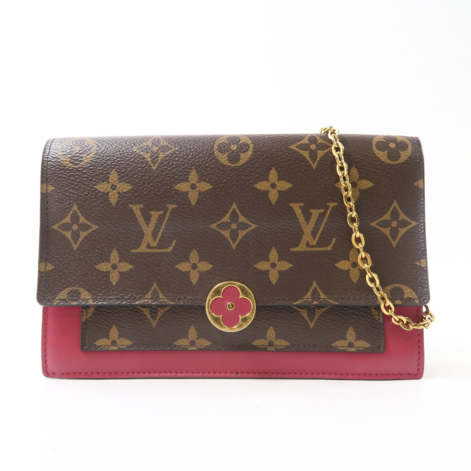 LOUIS VUITTON Monogram Portefeuille Flore金扣鏈帶肩背袋棕色/紅色