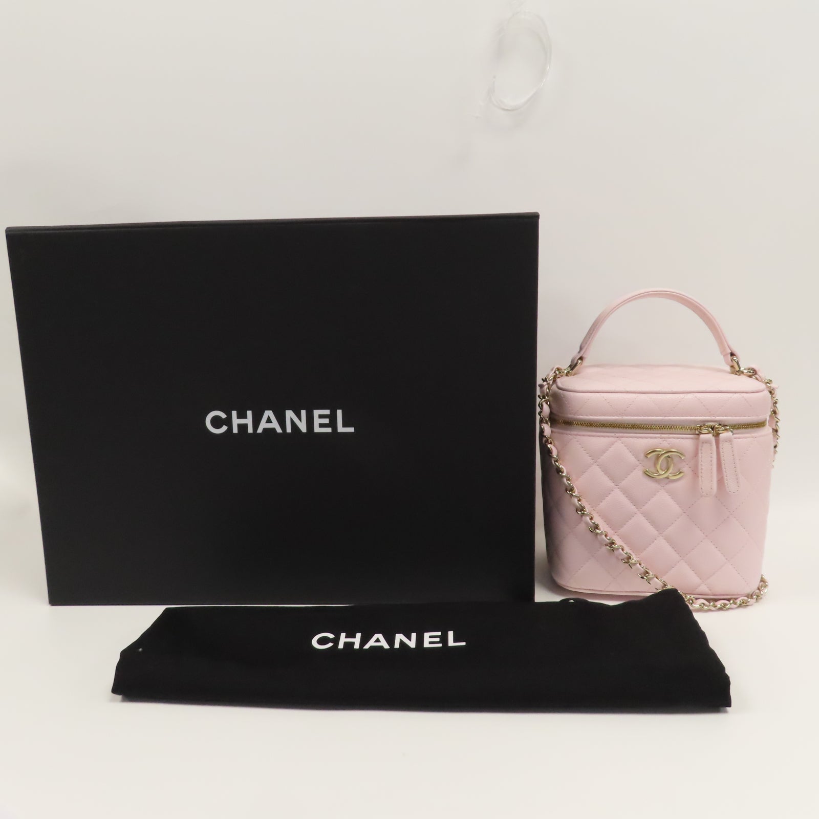 CHANEL 菱格Caviar皮革Vanity Case金扣鏈帶手挽肩背兩用袋粉紅色