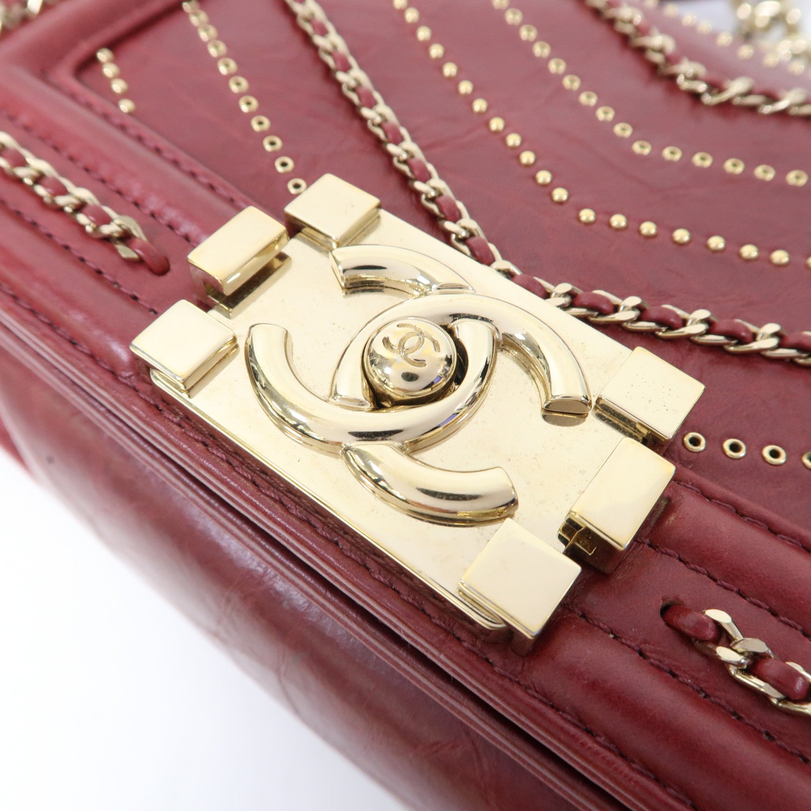 CHANEL 【激減優惠】皮革Boy金扣鏈帶肩背袋紅色