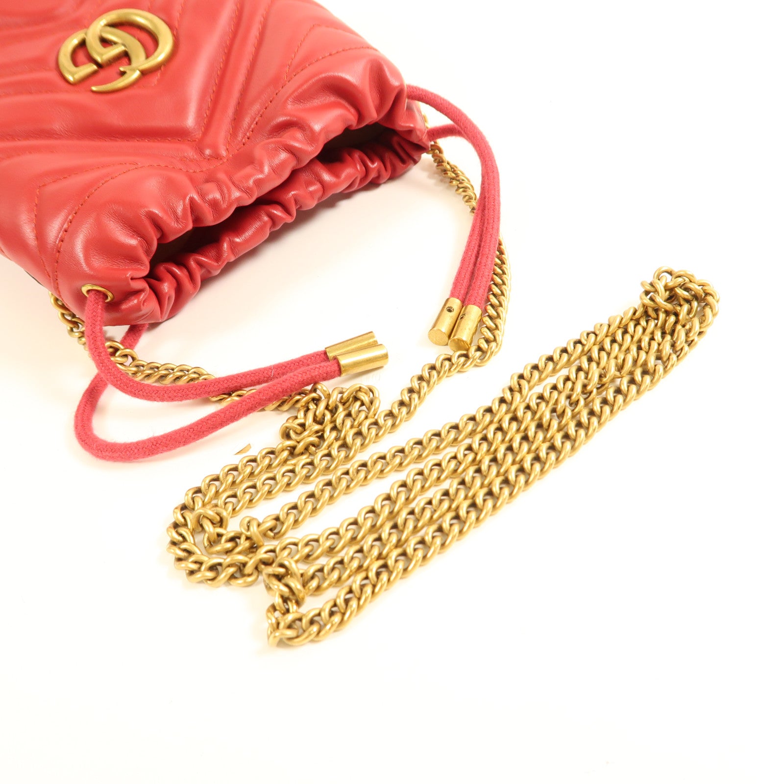 GUCCI GG GHW GG Marmont Bucket Chain Shoulder Bag 575163 Calfskin Leather Red