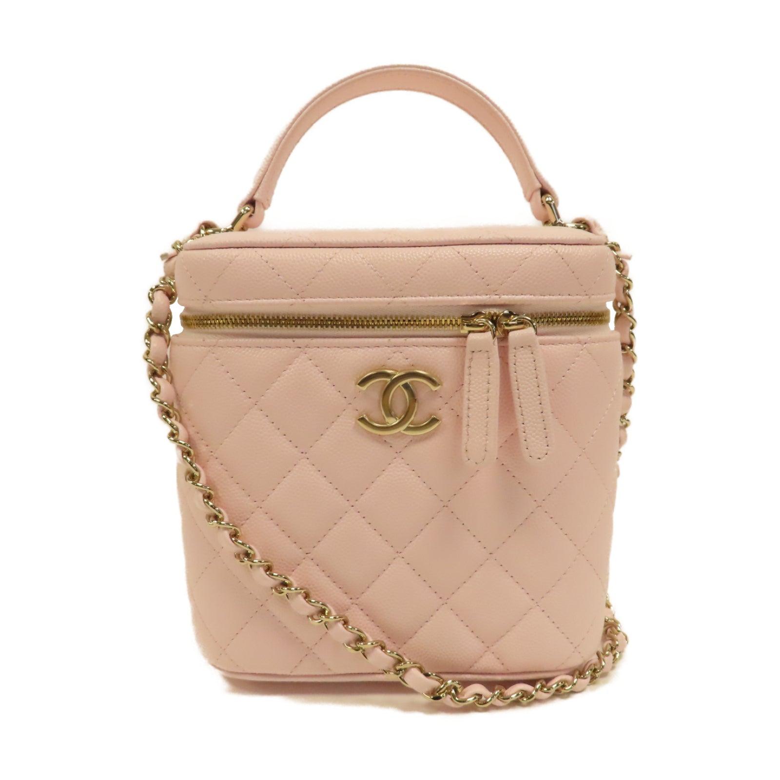 CHANEL 菱格Caviar皮革Vanity Case金扣鏈帶手挽肩背兩用袋粉紅色