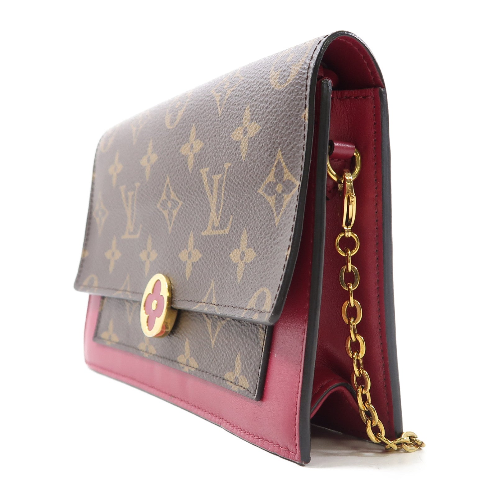 LOUIS VUITTON Monogram Portefeuille Flore金扣鏈帶肩背袋棕色/紅色