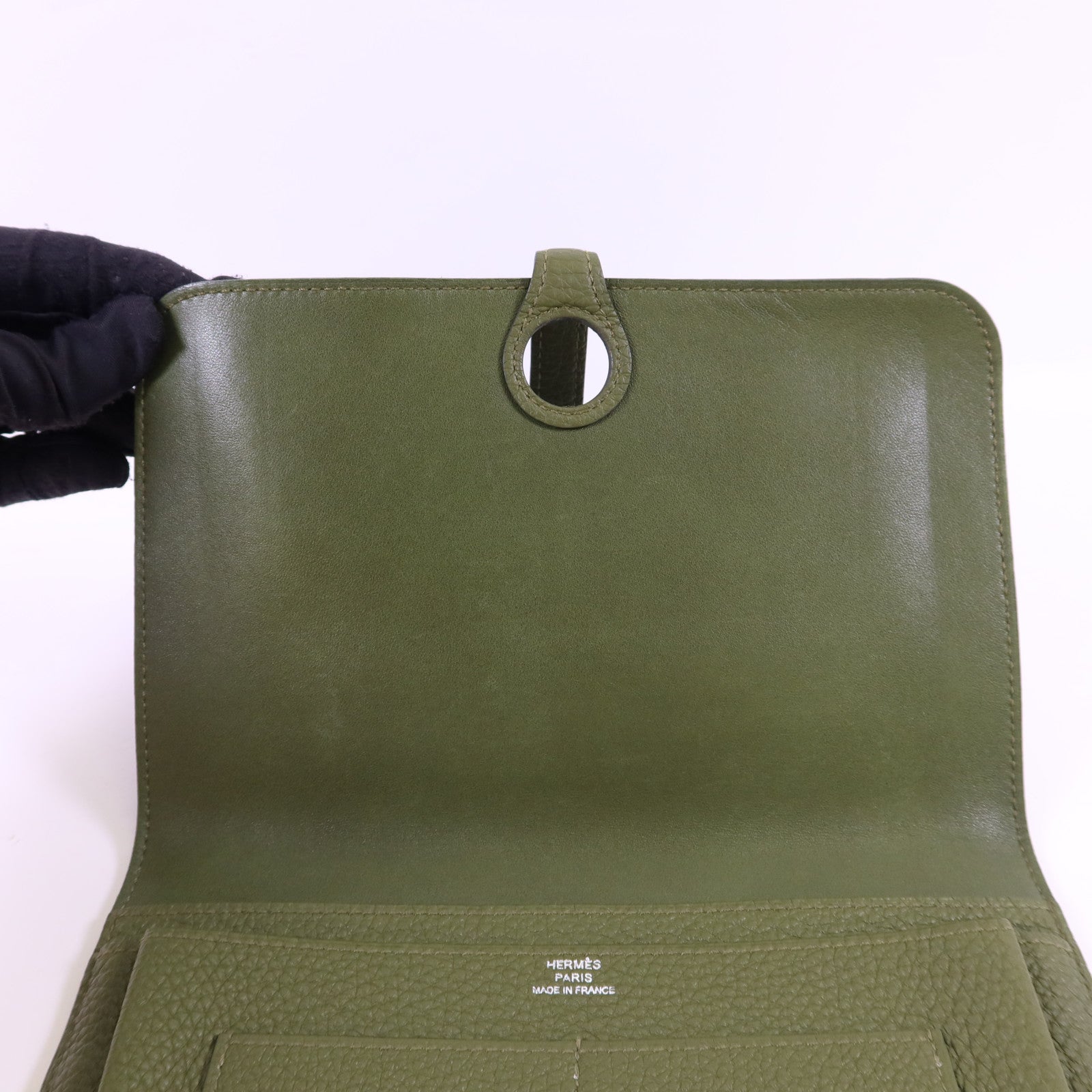 HERMES Togo皮革Dogon GM銀扣長錢包Vert Olive