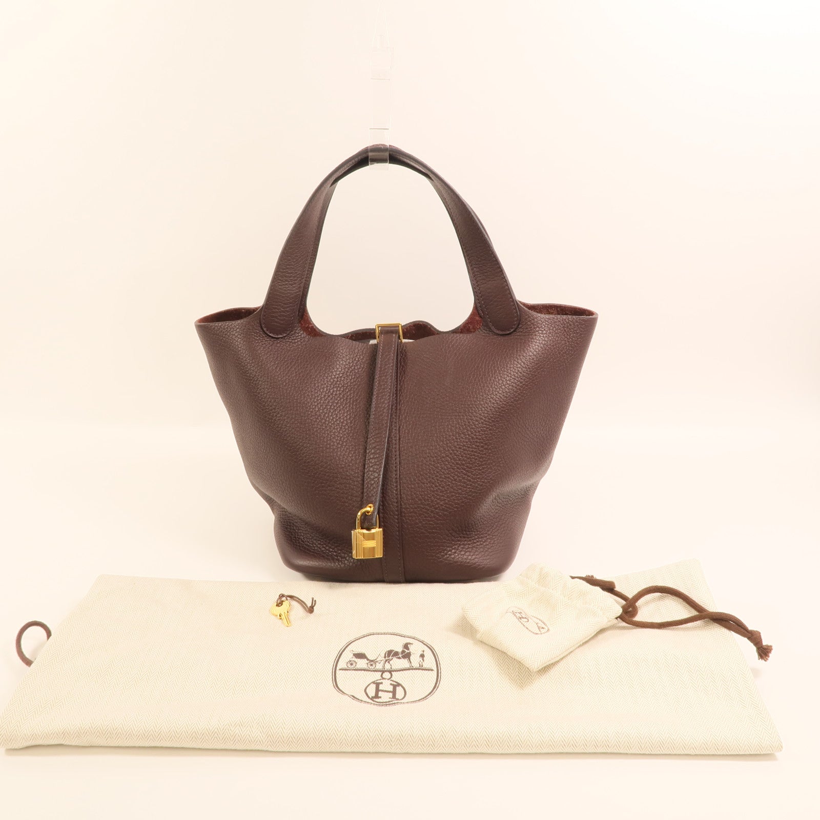 HERMES Clemence皮革Picotin MM金扣手挽袋Rouge Sellier