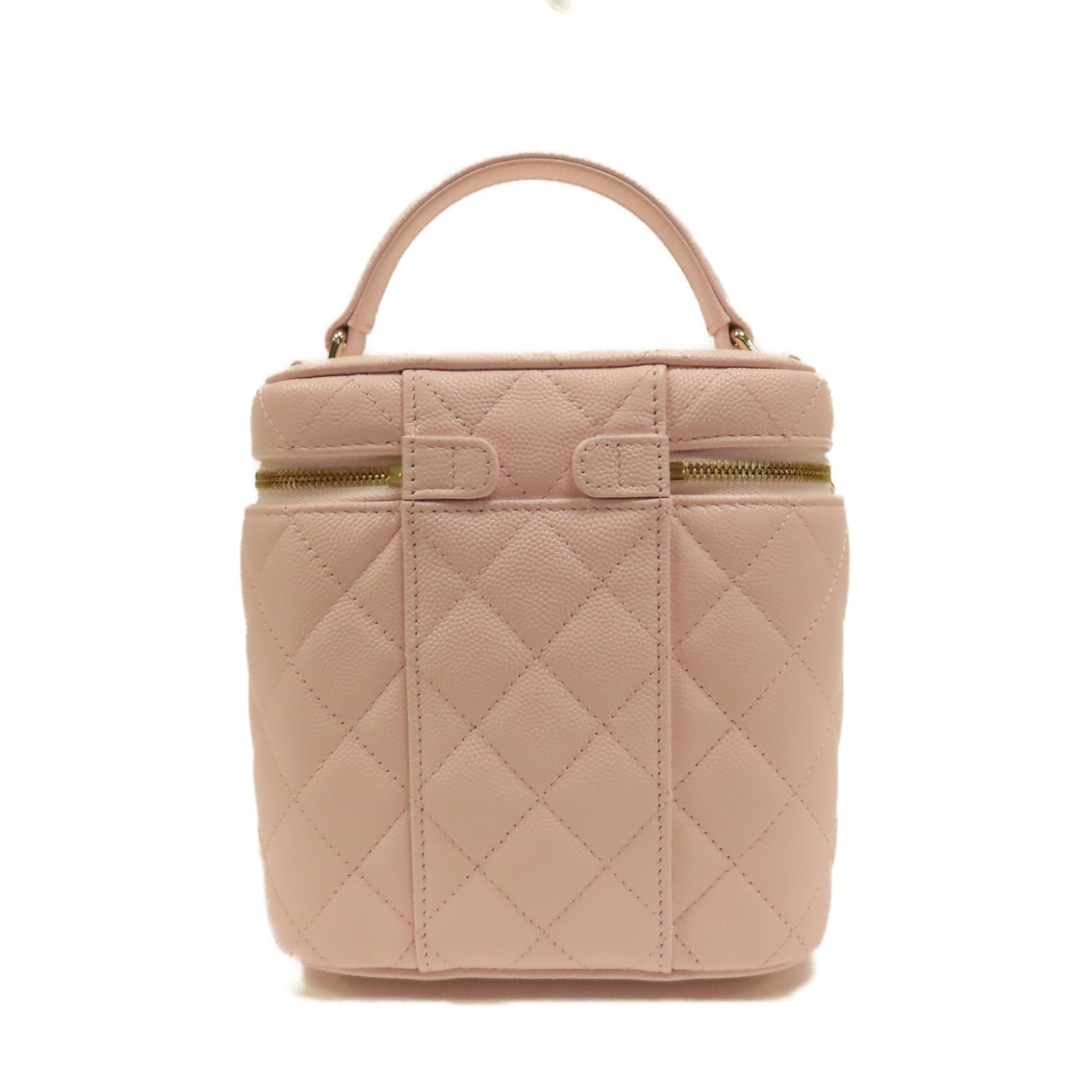 CHANEL 菱格Caviar皮革Vanity Case金扣鏈帶手挽肩背兩用袋粉紅色