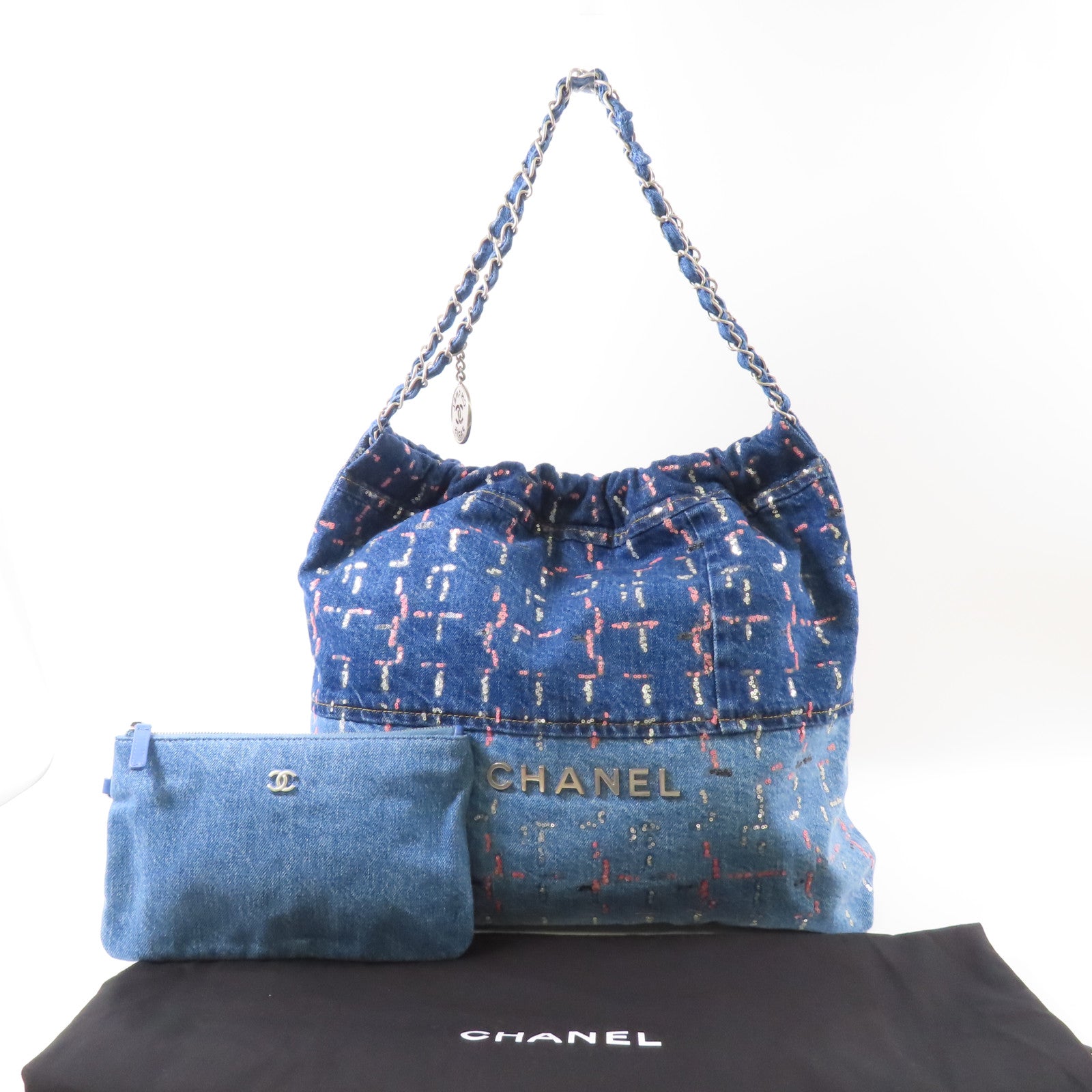 CHANEL 牛仔布/亮片Chanel 22銀扣肩背袋