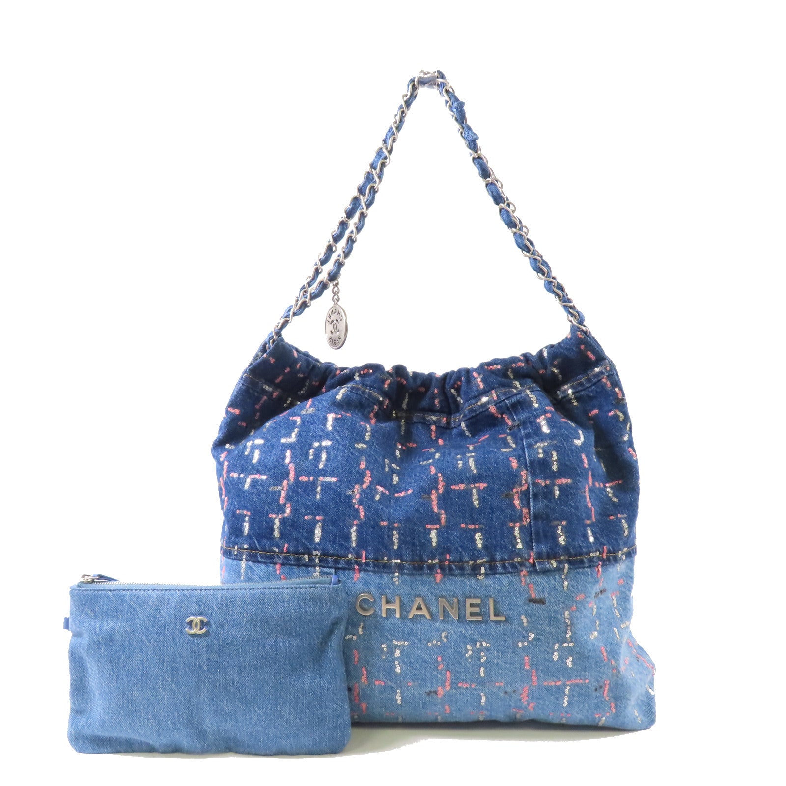 CHANEL 牛仔布/亮片Chanel 22銀扣肩背袋