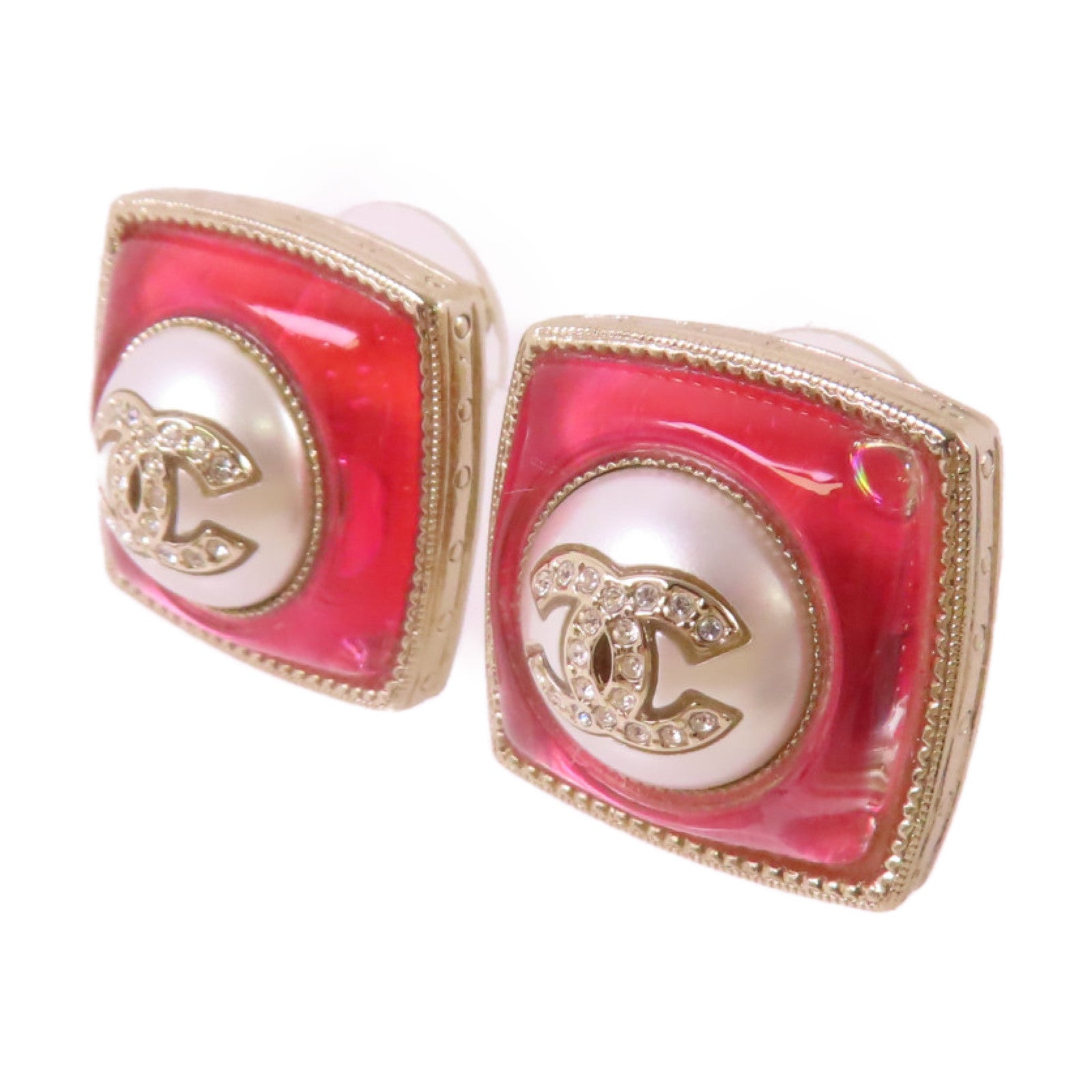 CHANEL 金屬/仿珍珠CC Earrings耳環白色/金色/粉紅色