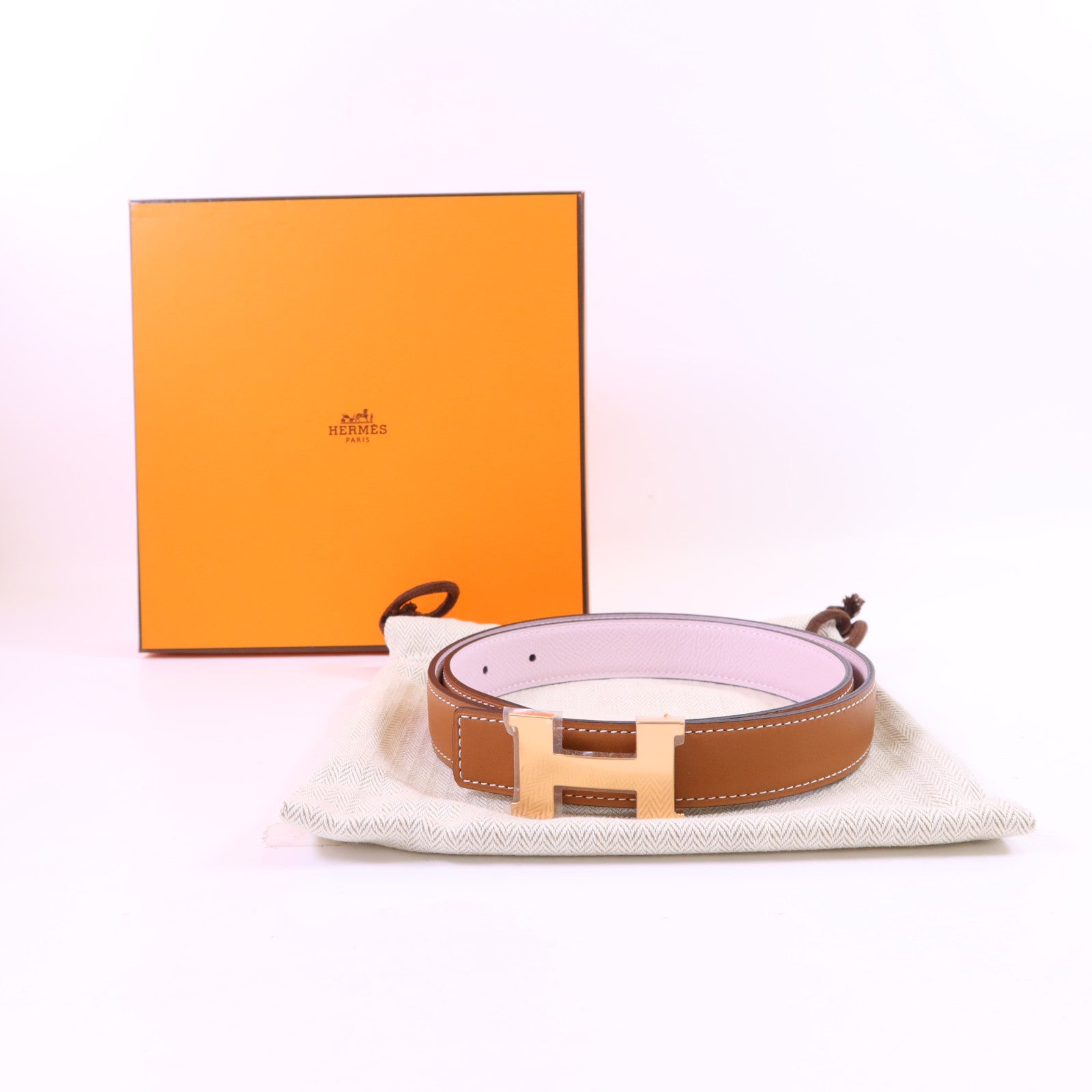 HERMES Swift/Epsom皮革H Belt 75cm皮帶Gold/Mauve Sylvestre