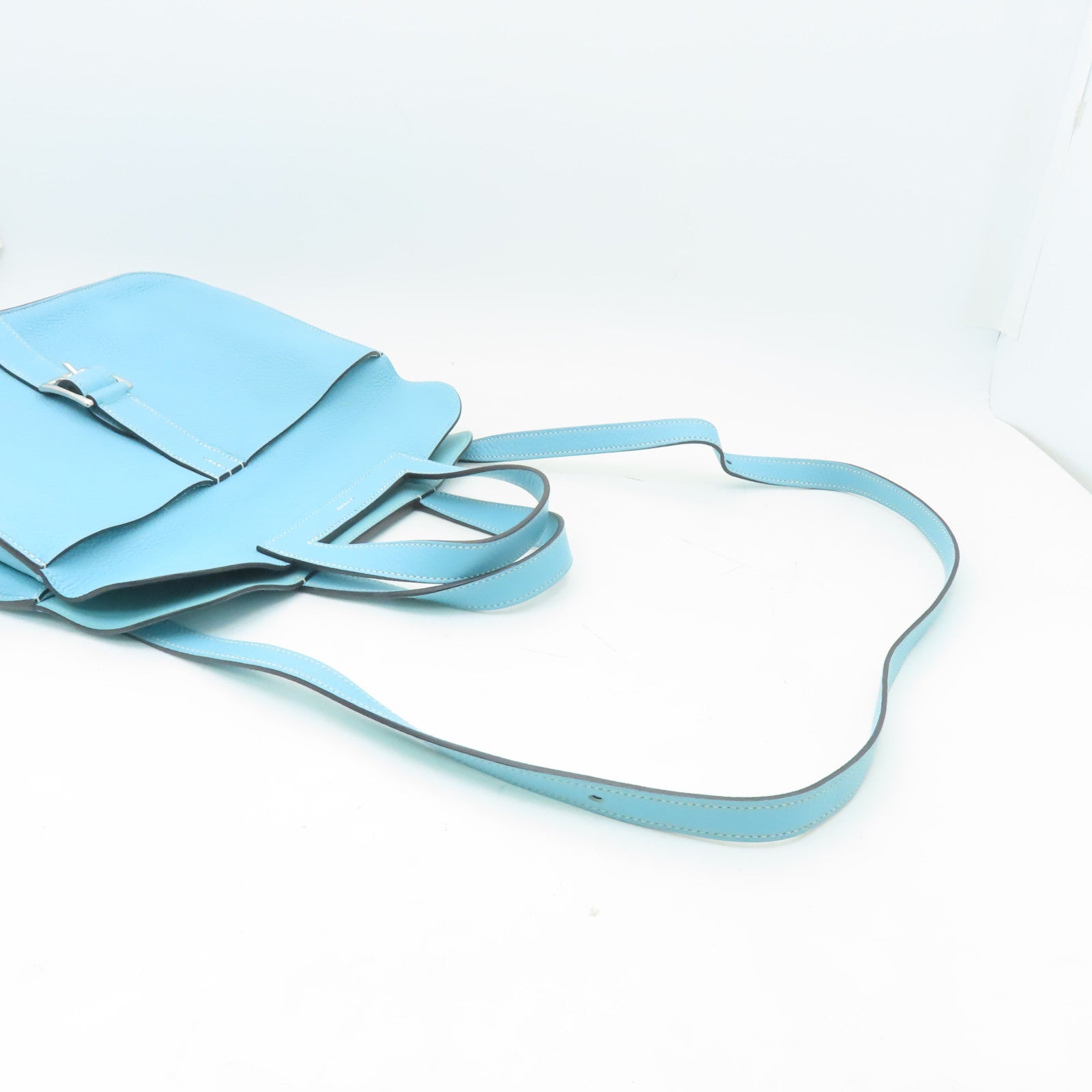 HERMES 【激減優惠】Clemence皮革Halzan 31銀扣手挽肩背兩用袋Blue Atoll淺藍色