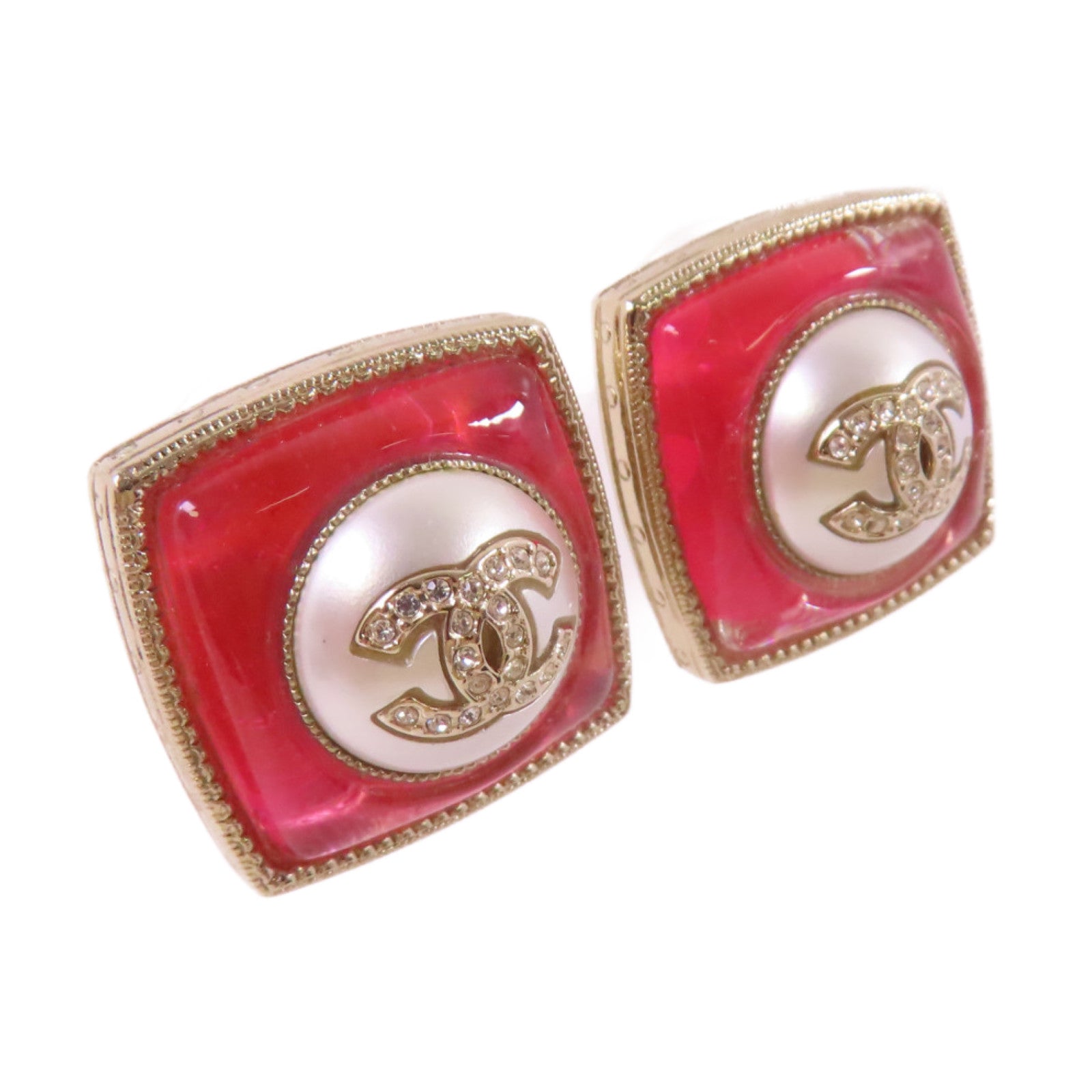 CHANEL 金屬/仿珍珠CC Earrings耳環白色/金色/粉紅色