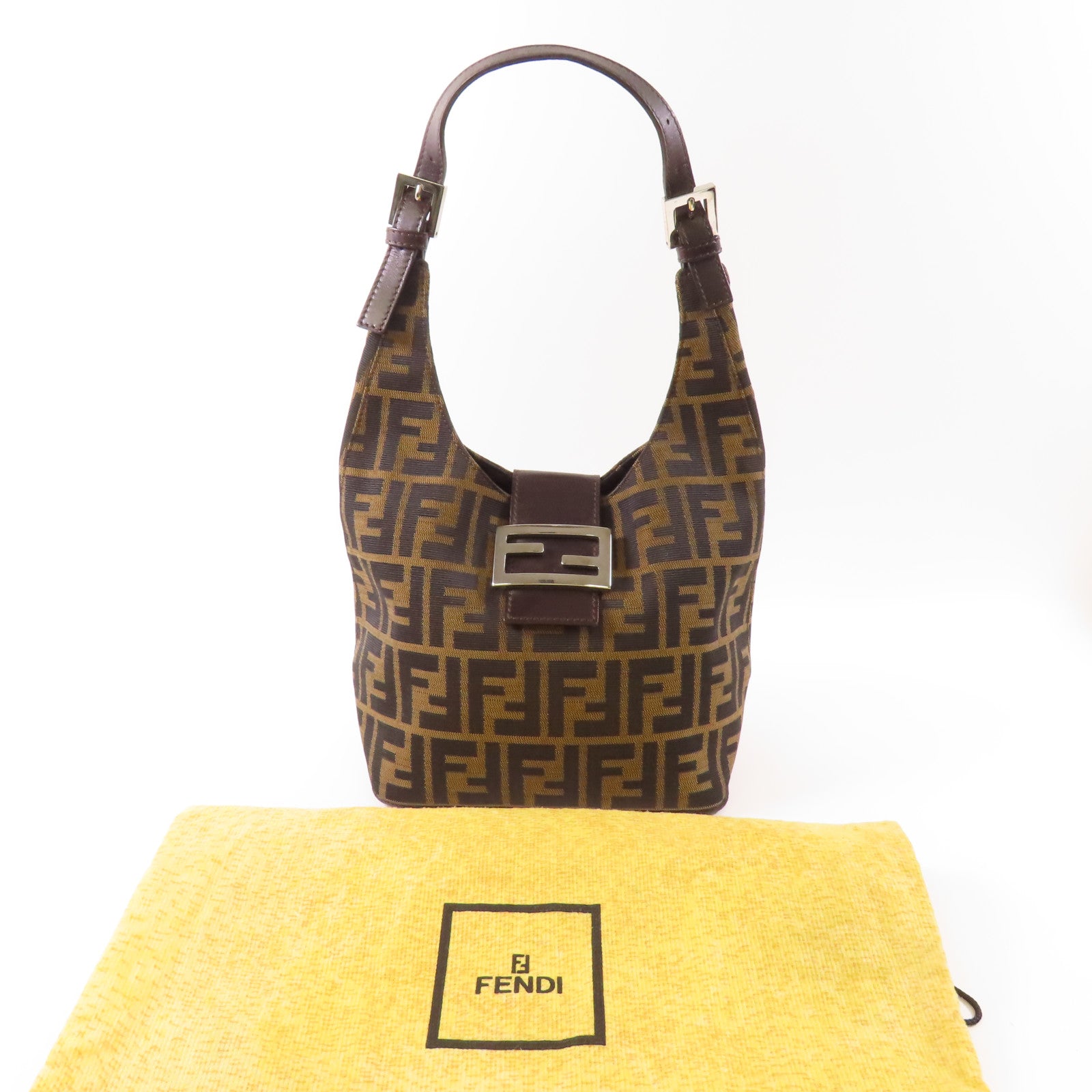 FENDI 帆布Zucca Shoulder Bag銀扣肩背袋