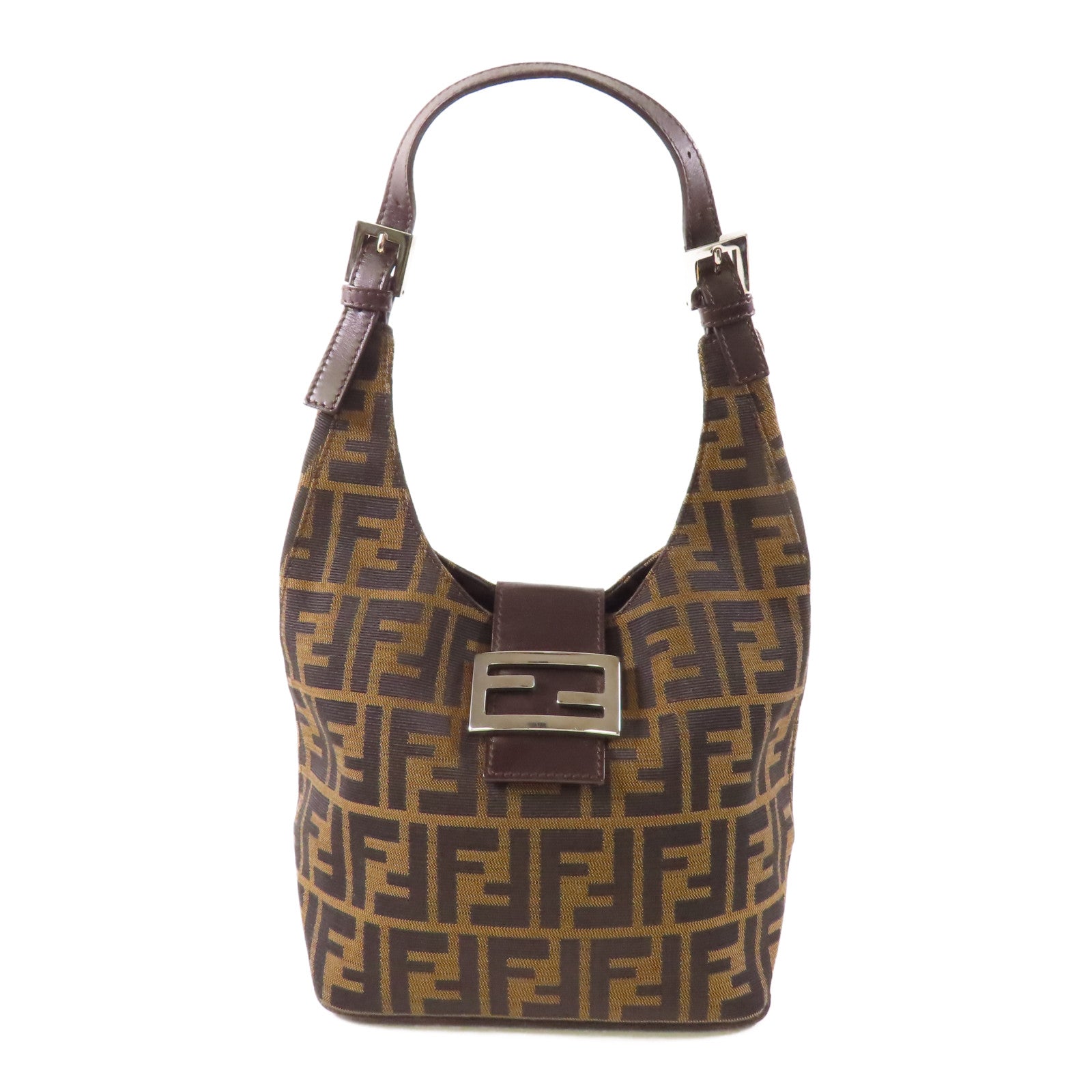 FENDI 帆布Zucca Shoulder Bag銀扣肩背袋