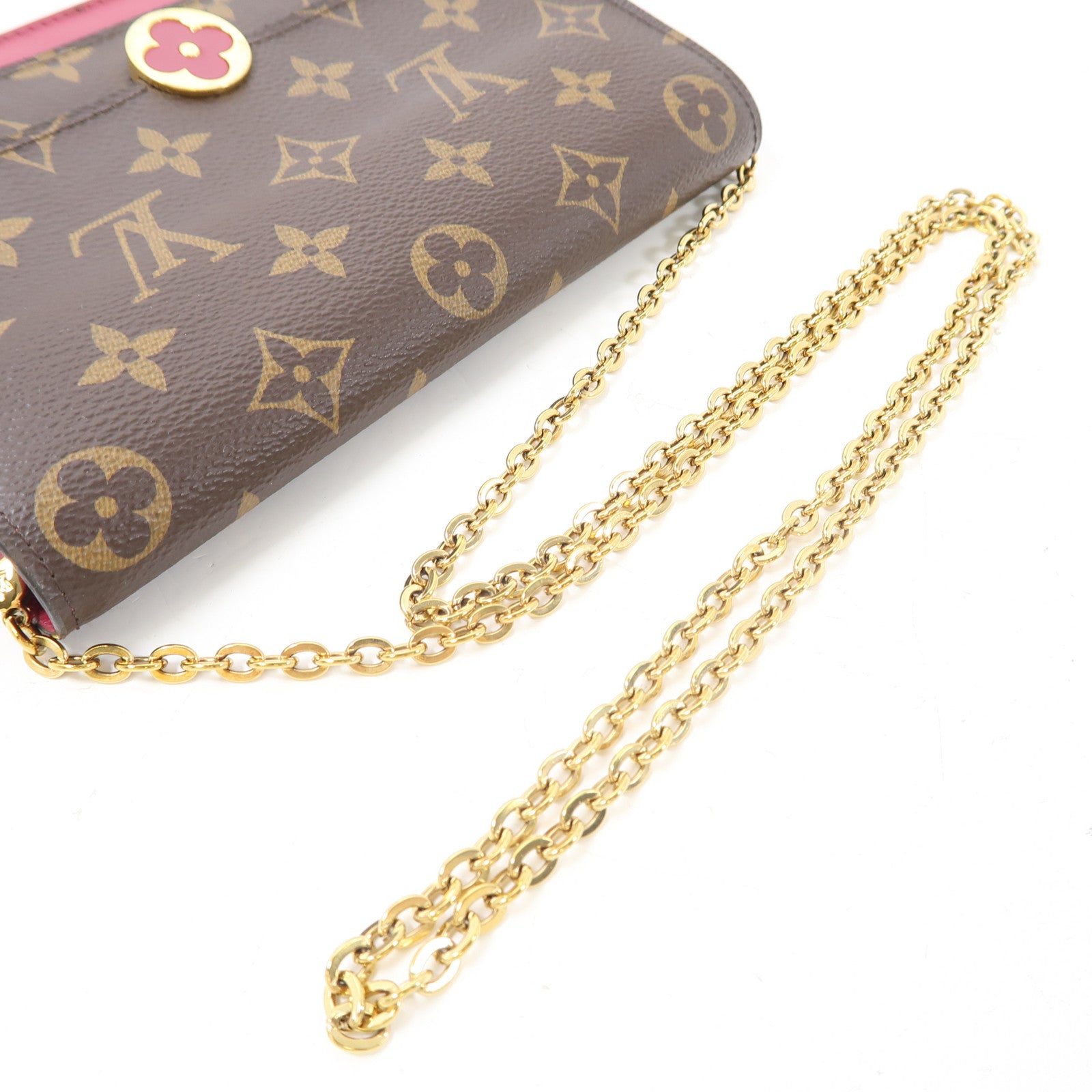 LOUIS VUITTON Monogram Portefeuille Flore金扣鏈帶肩背袋棕色/紅色