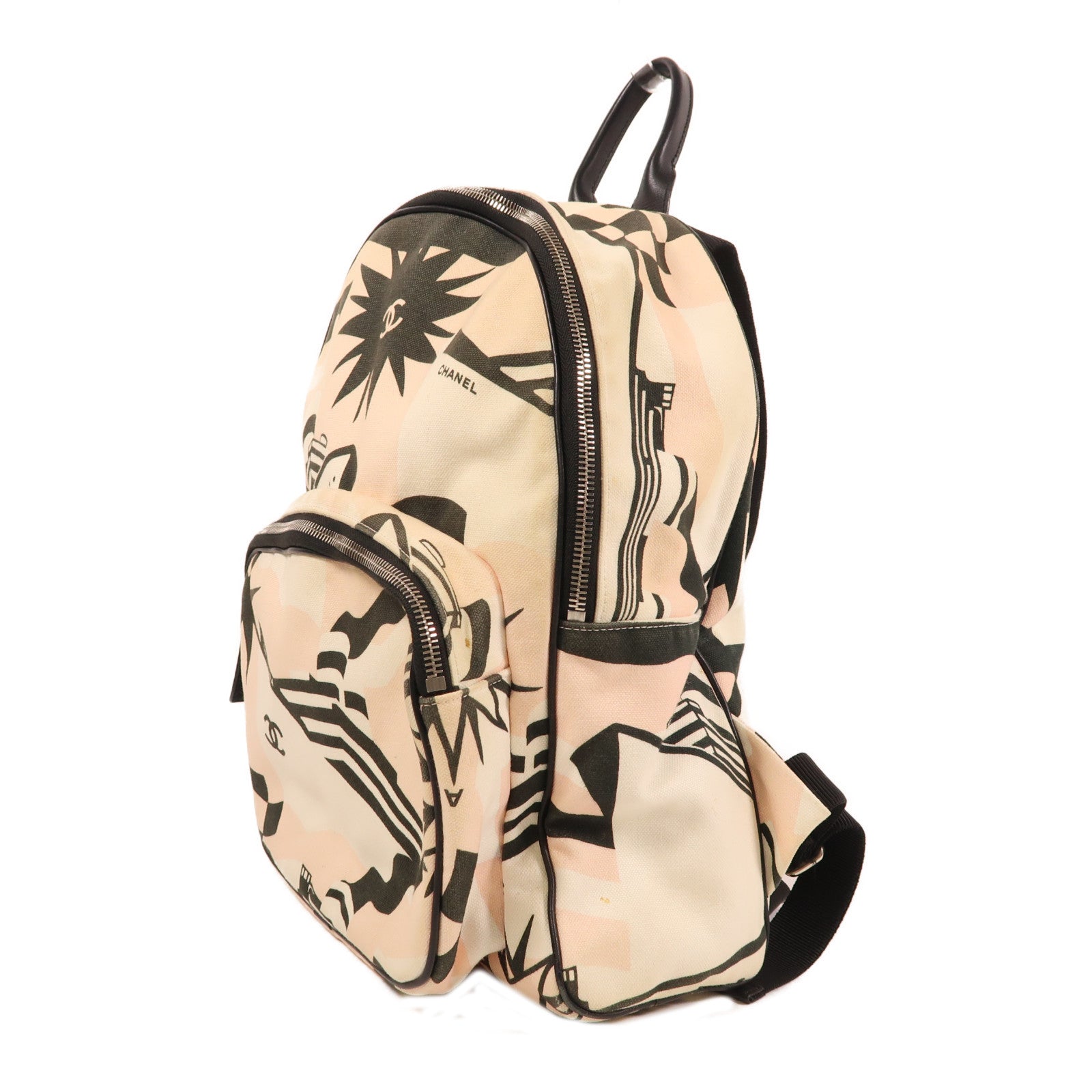 CHANEL 帆布Backpack銀扣背包粉紅色/米色/綠色