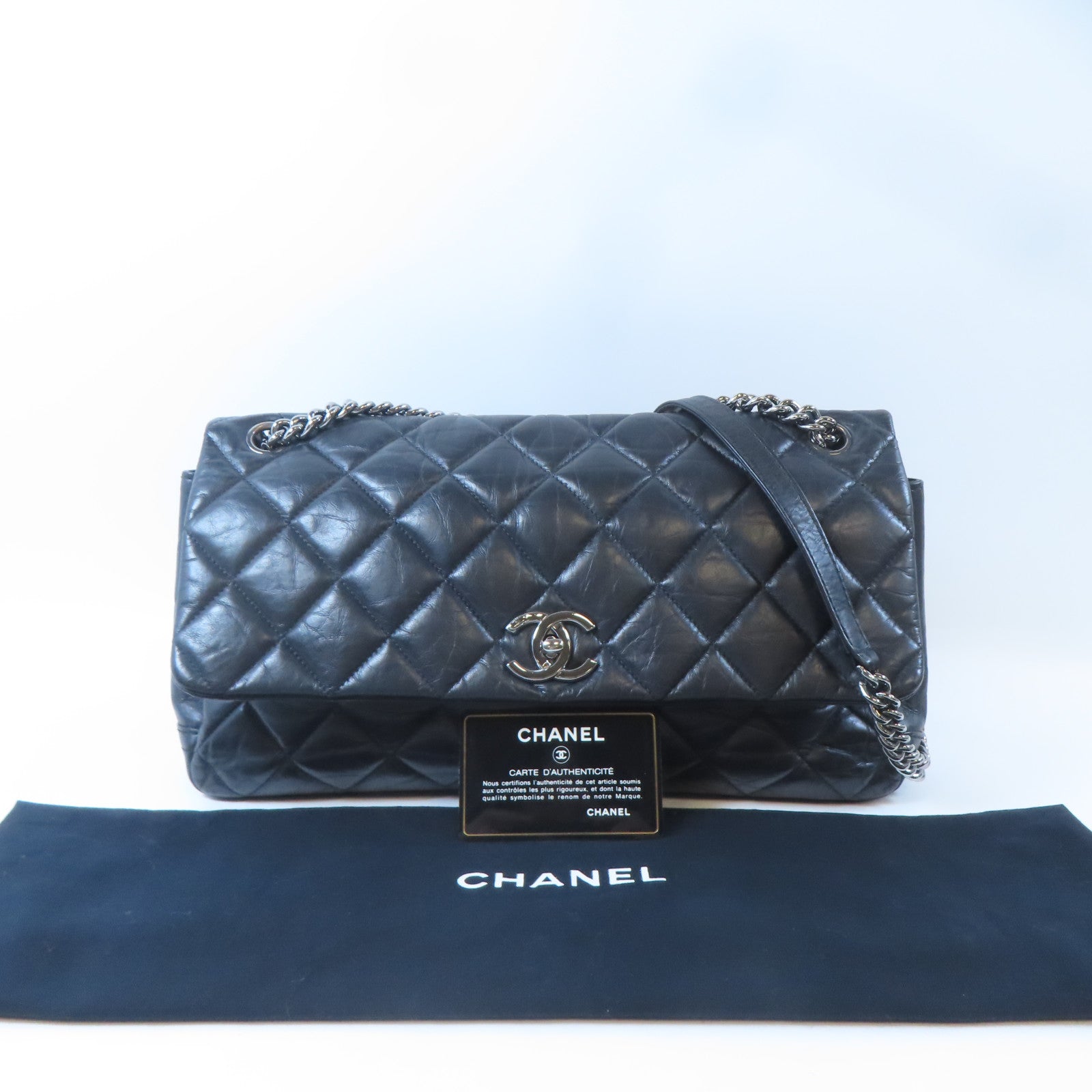 CHANEL 【激減優惠】菱格牛皮皮革Chain Shoulder銀扣鏈帶肩背袋黑色
