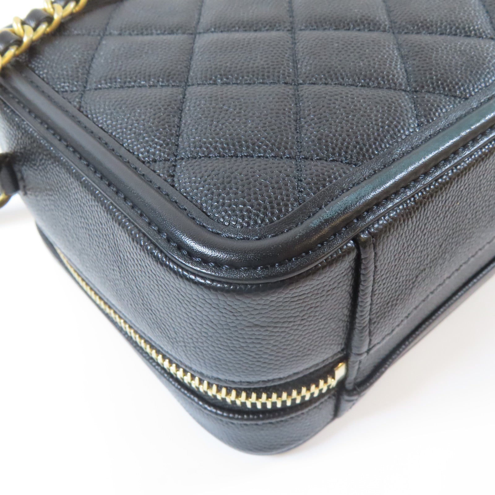 CHANEL 菱格Caviar皮革Filigree Vanity Case金扣手挽肩背兩用袋黑色