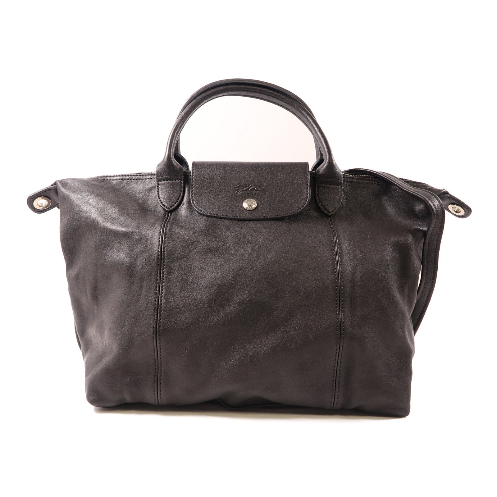 Longchamp 羊皮皮革Shoulder Bag銀扣手挽肩背兩用袋黑色