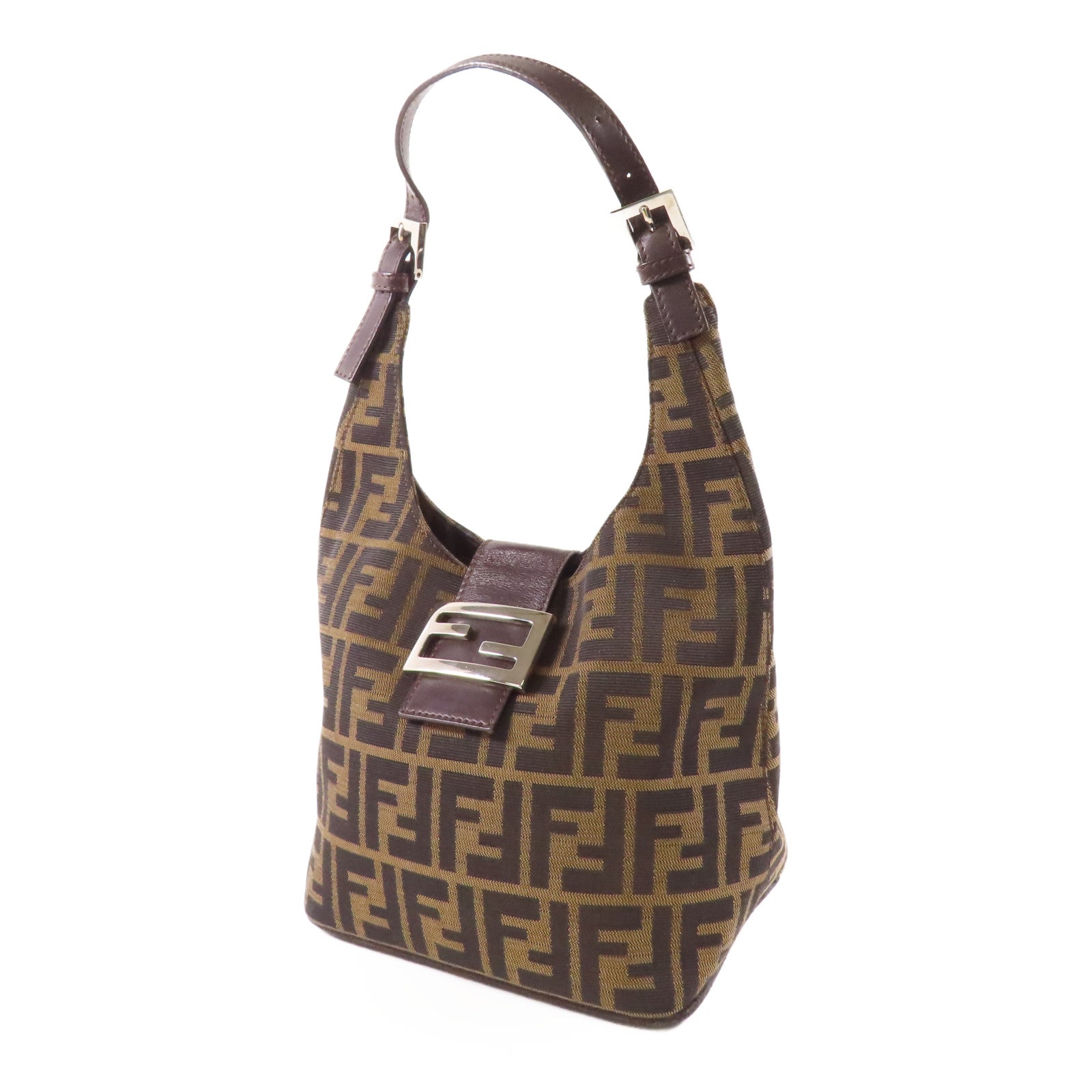 FENDI 帆布Zucca Shoulder Bag銀扣肩背袋