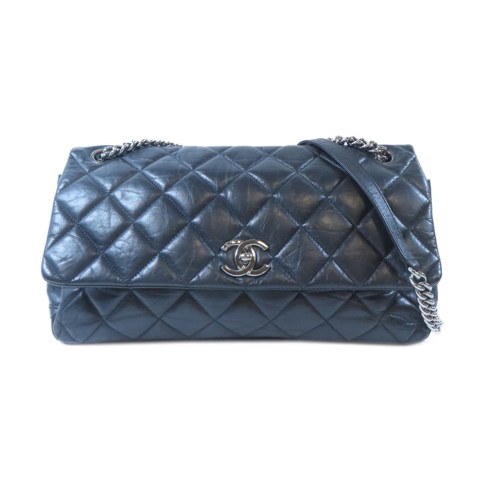 CHANEL 【激減優惠】菱格牛皮皮革Chain Shoulder銀扣鏈帶肩背袋黑色