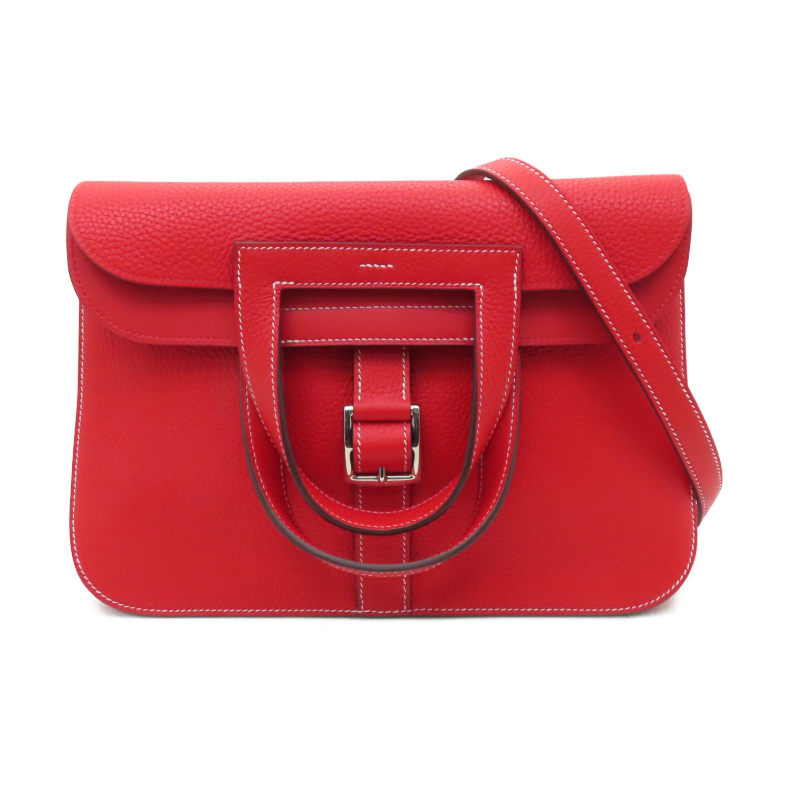 HERMES 【激減優惠】Clemence皮革Halzan 31銀扣手挽肩背兩用袋Rouge Coeur紅色