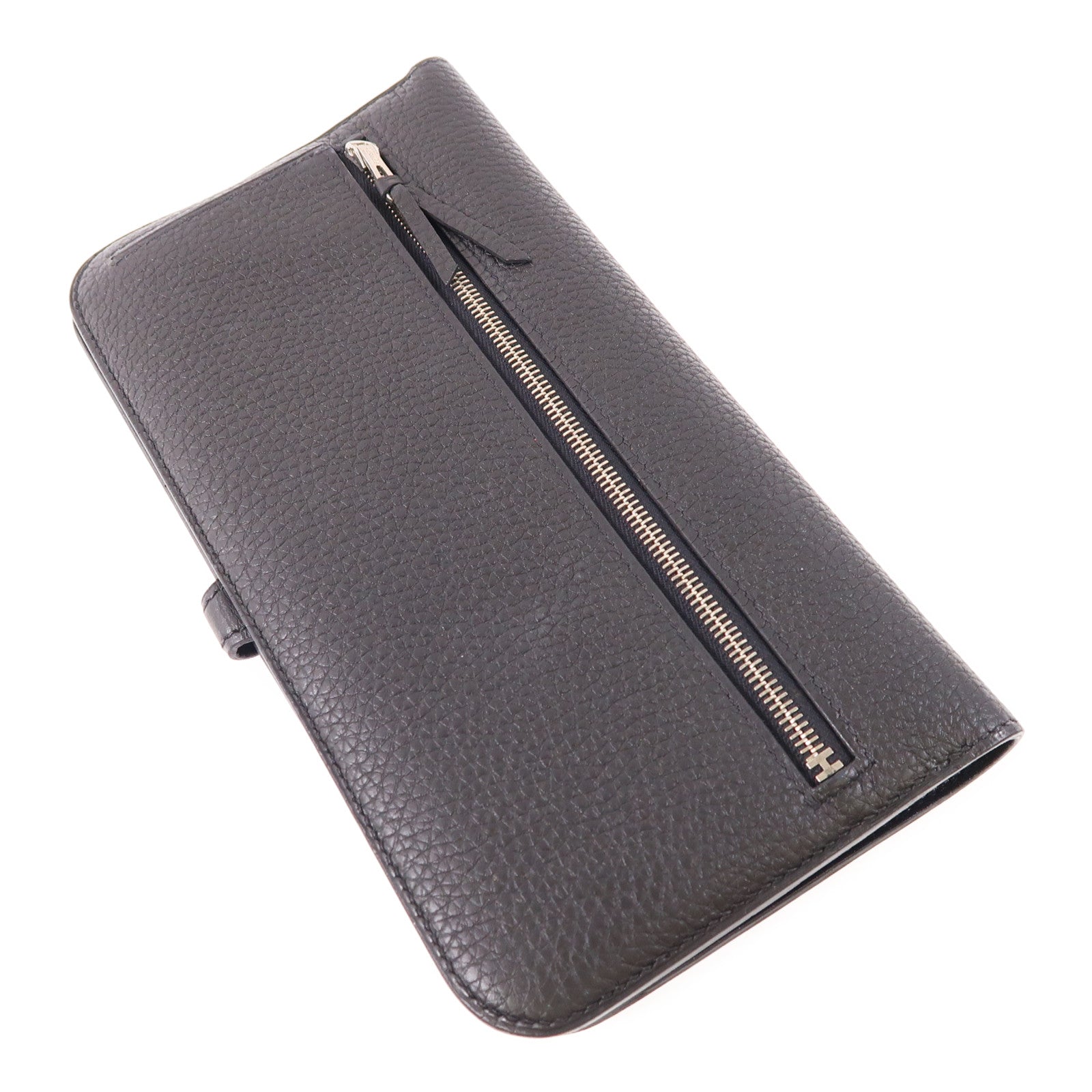 HERMES Clemence皮革Dogon MM銀扣長錢包89 Noir