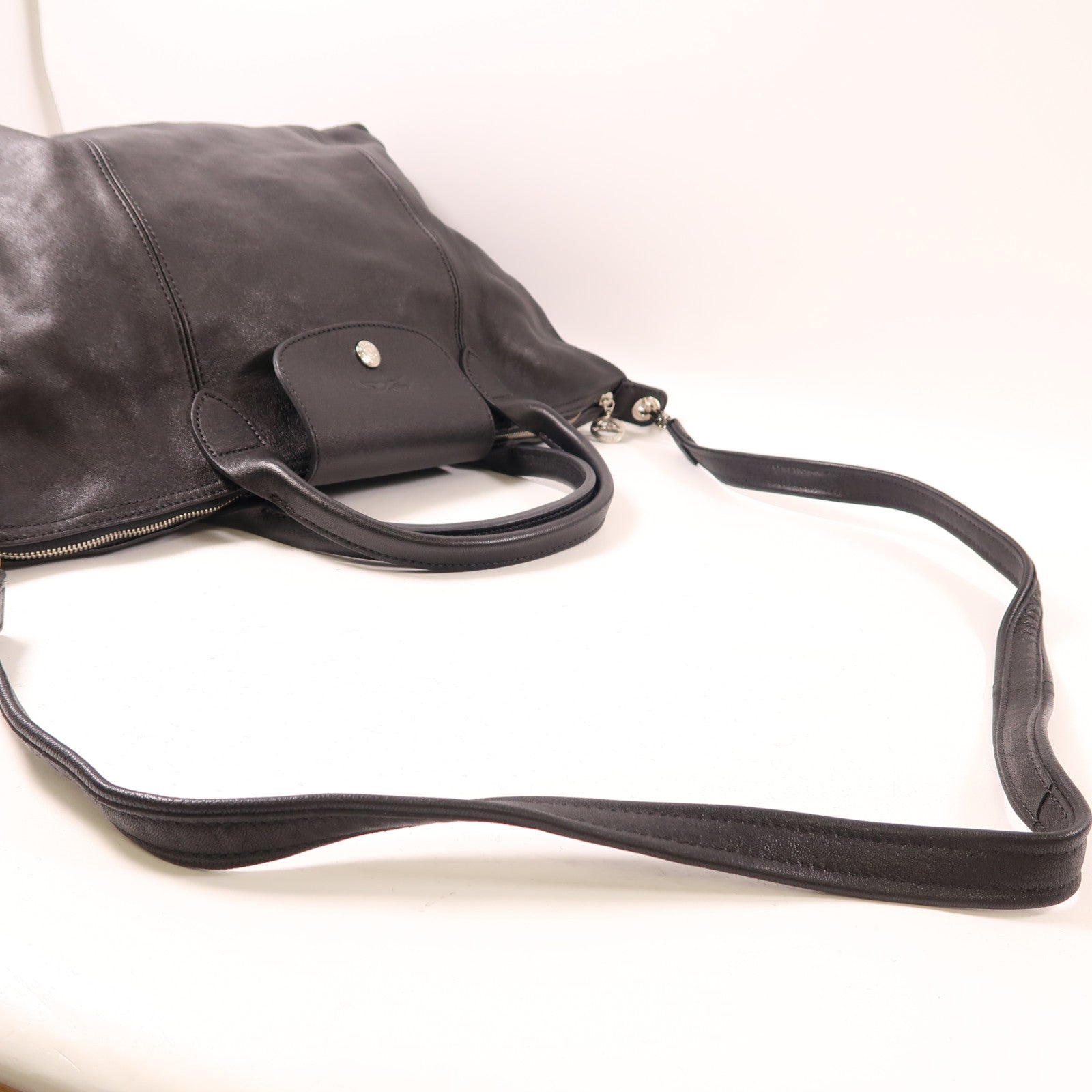Longchamp 羊皮皮革Shoulder Bag銀扣手挽肩背兩用袋黑色