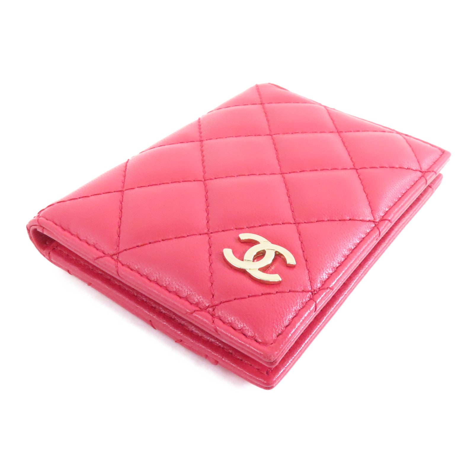 CHANEL 菱格羊皮皮革Card Case金扣卡片套紅色