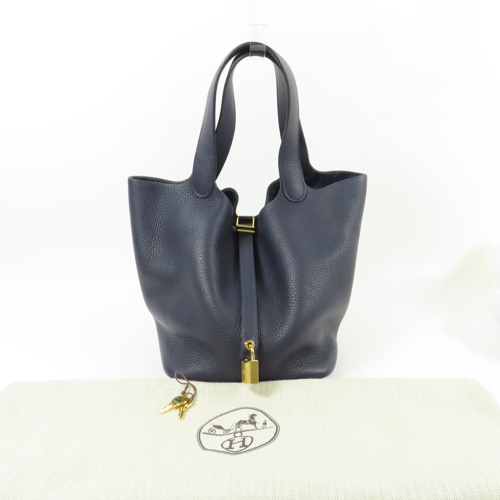 HERMES Clemence皮革Picotin MM金扣手挽袋Bleu Nuit