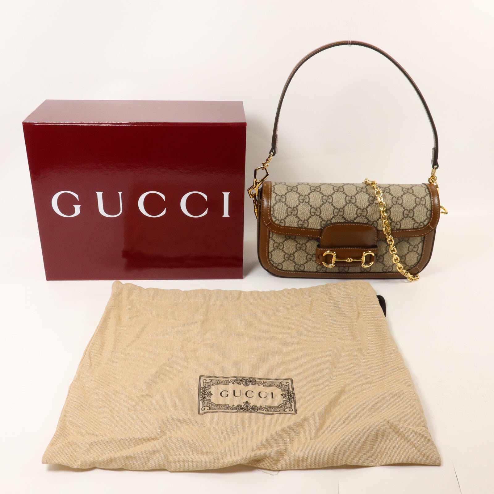 GUCCI 塗層帆布Horsebit 1955 Mini鏈帶手挽肩背兩用袋