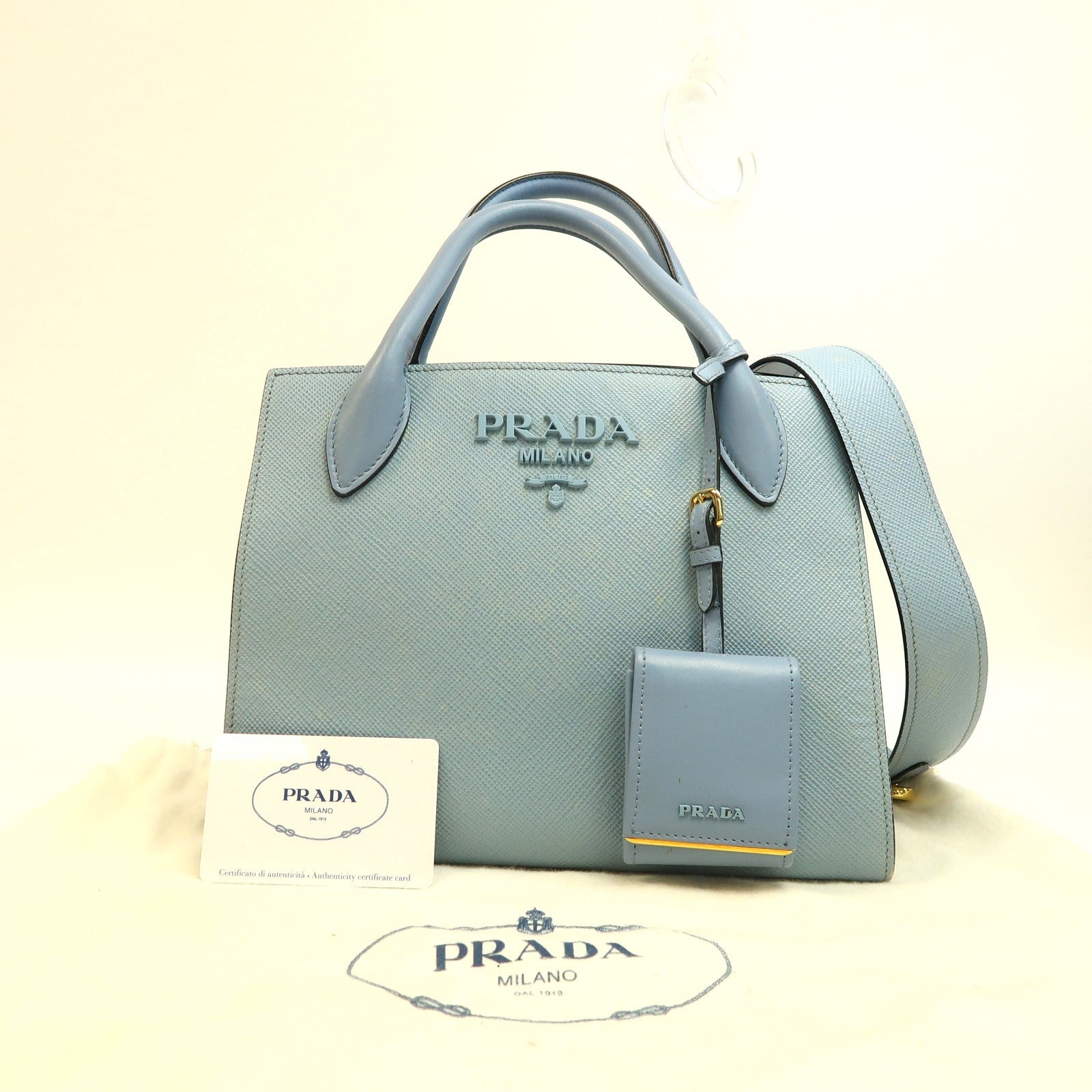 PRADA 【激減優惠】Saffiano皮革Shoulder Bag銀扣手挽肩背兩用袋藍色