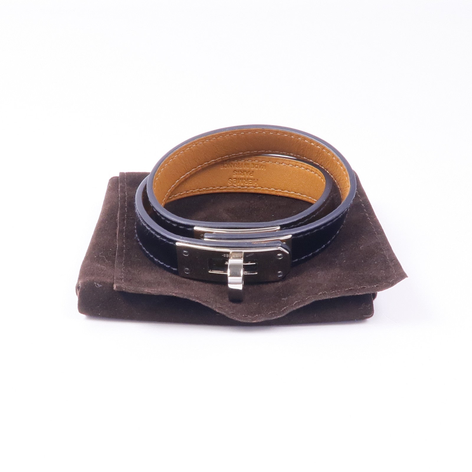 HERMES Box Calf皮革Kelly Double Tour Bracelet銀扣手帶Noir